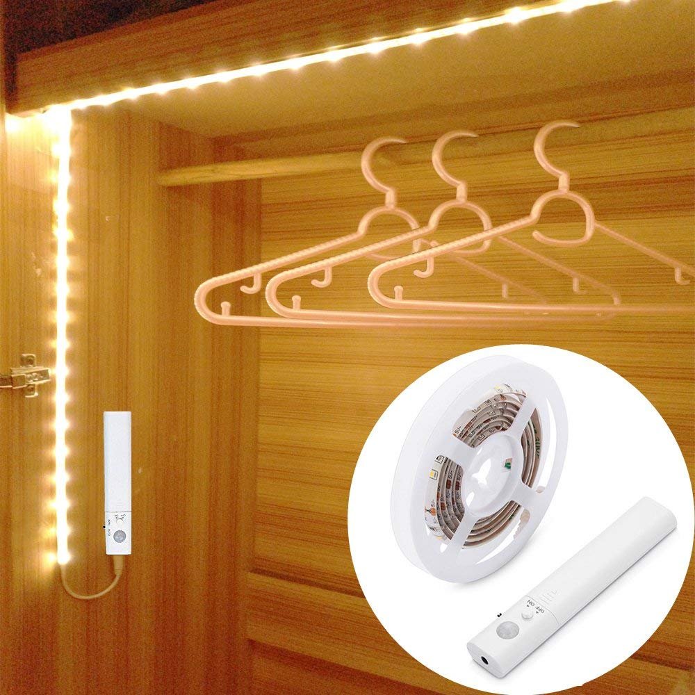 KUCAM Motion Sensor Wardrobe Light, 2M LED Strip Closet Lights, PIR Auto on/Off, Battery Powered Warm White for Bedside, Bathroom, Closet, Cabinet