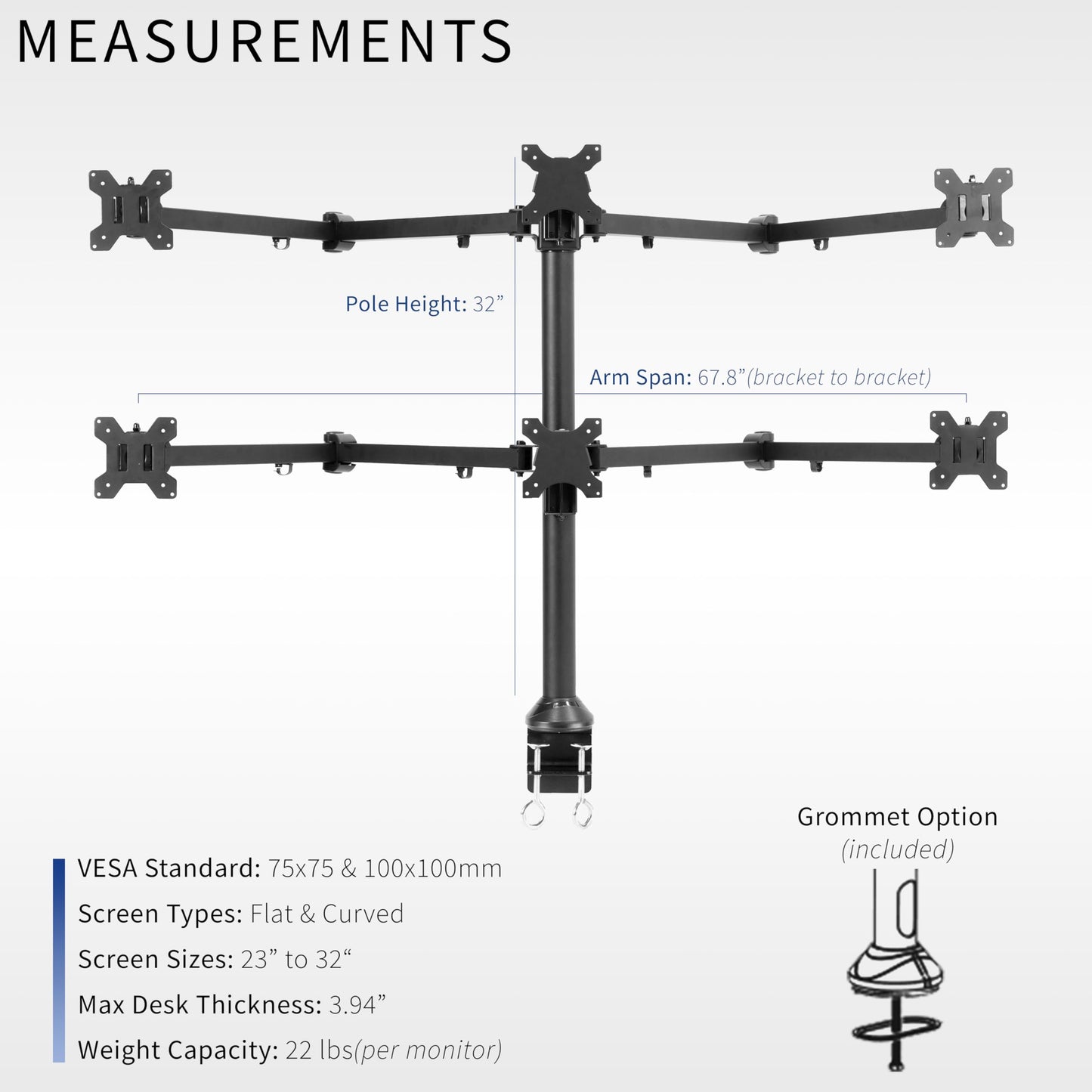 VIVO Steel Hex Monitor 23 to 32 inch LED LCD Clamp-on Desk Mount, Heavy Duty Articulating VESA Computer Stand, Holds 6 Screens, Fully Adjustable