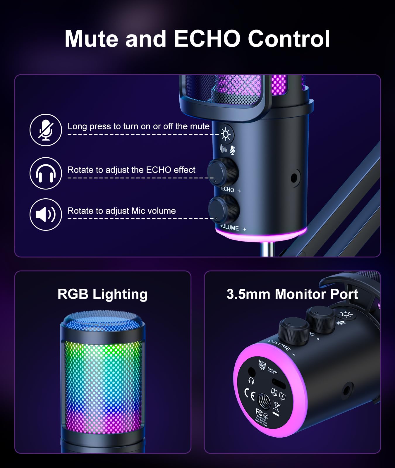 Gaming USB Microphone, Noise Cancellation Condenser Mic with Mute,Boom Arm Mic-Reverb Adjustment, Monitoring for Streaming, Podcasting, Discord