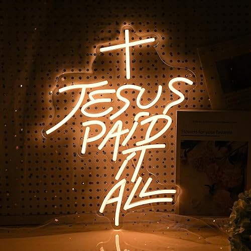LIUOZHTEA Jesus Paid It All Neon Sign Warm White Cross Neon Light for Wall Decor Dimmable Jesus Cross LED Light Up Sign for Christian Church Christmas