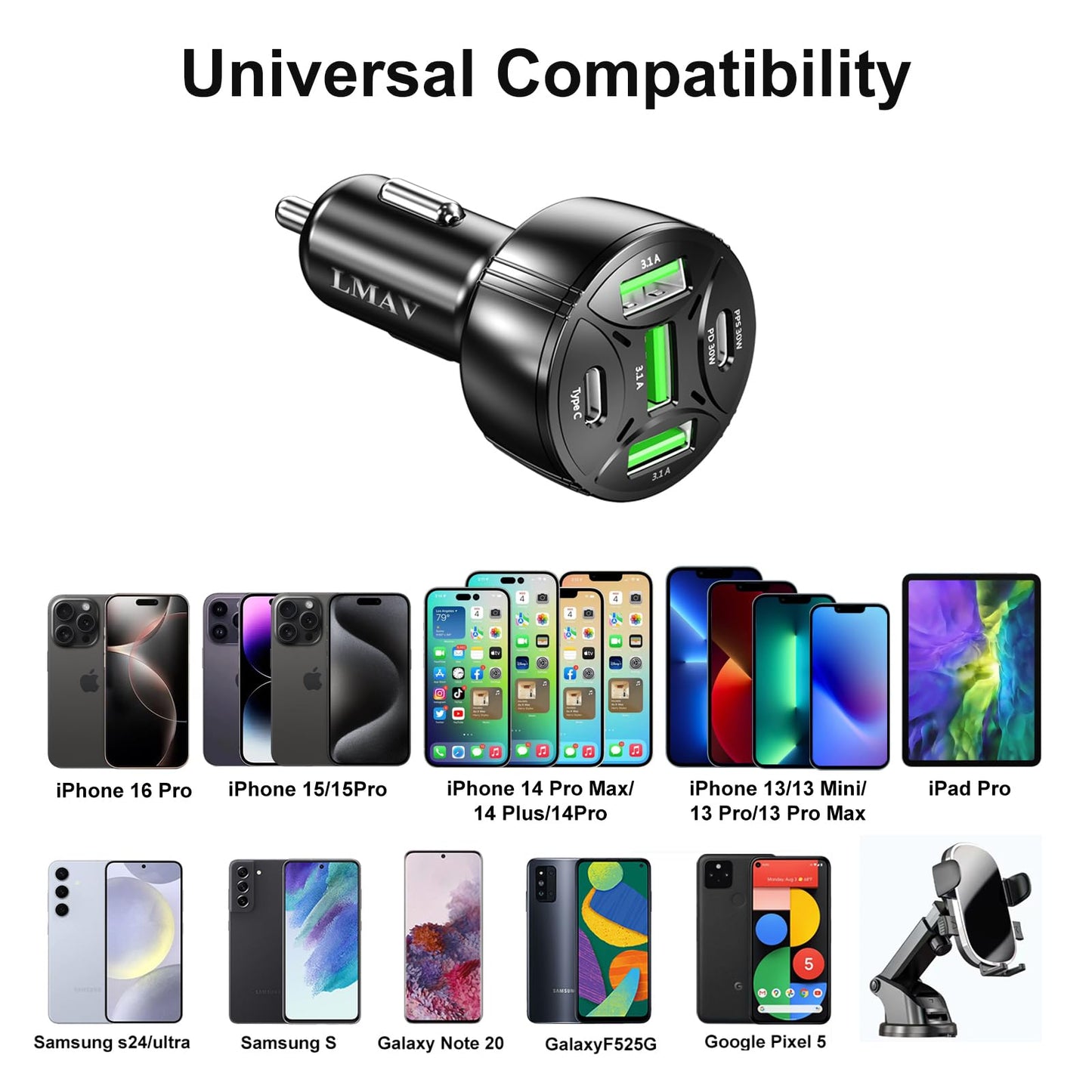 USB C Car Charger Adapter, 5 Ports 75W PD 3.0 Car Phone Charger Fast Charging Compatible with iPhone 16/15/14/13 Pro Max Series, iPad Pro, Galaxy