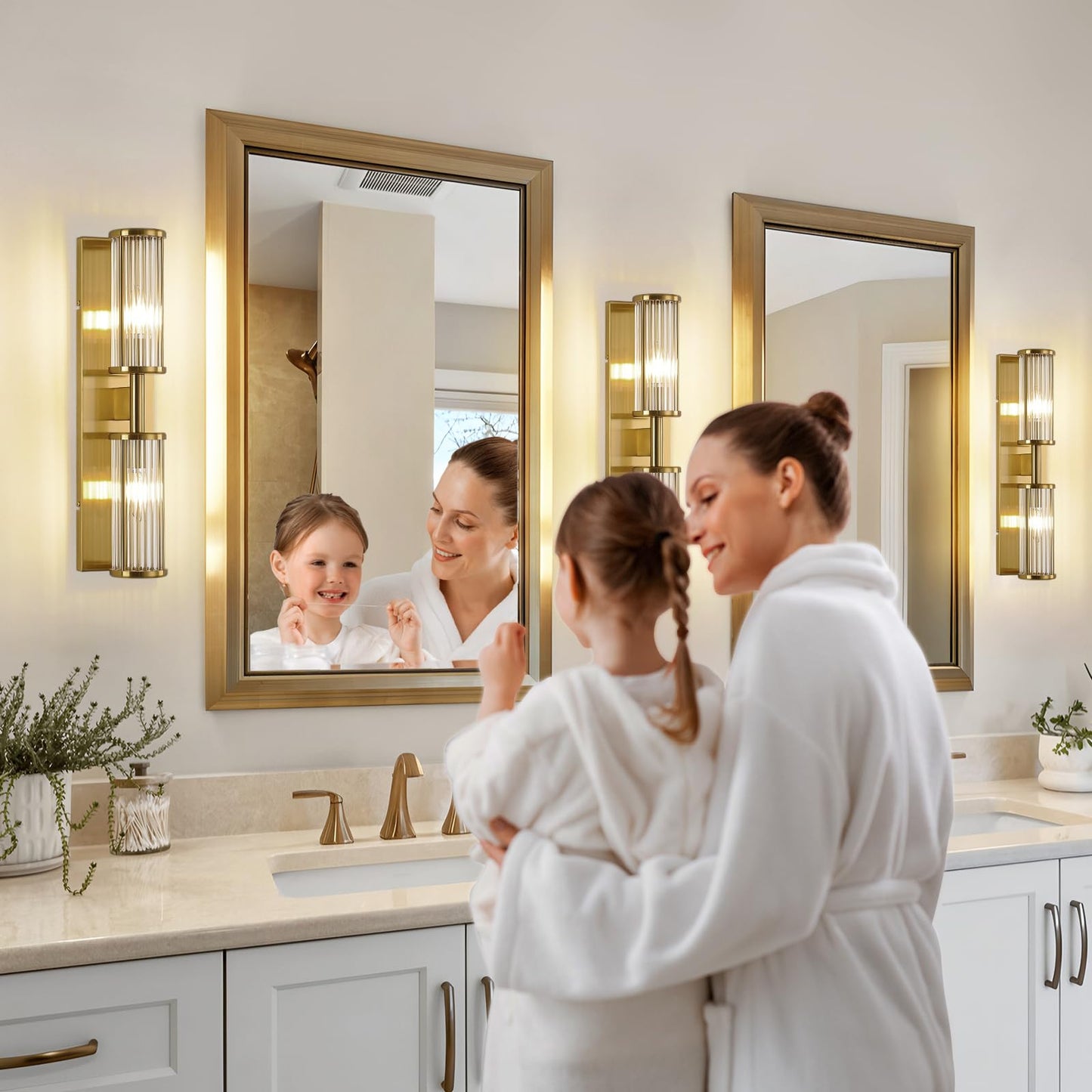 ECOBRT 2-Light Modern Vanity Wall Lamp in Brushed Brass, Industrial Bathroom Lighting with Glass Rod Shades, Adjustable Modern Mirror Lights