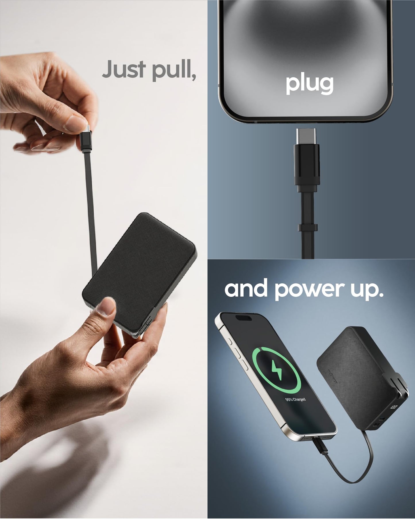 myCharge RetractaCharger 5000mAh Portable Charger Power Bank with 28-Inch Retractable USB-C Cable | Premium Fabric | Built-in Wall Plug | Digital