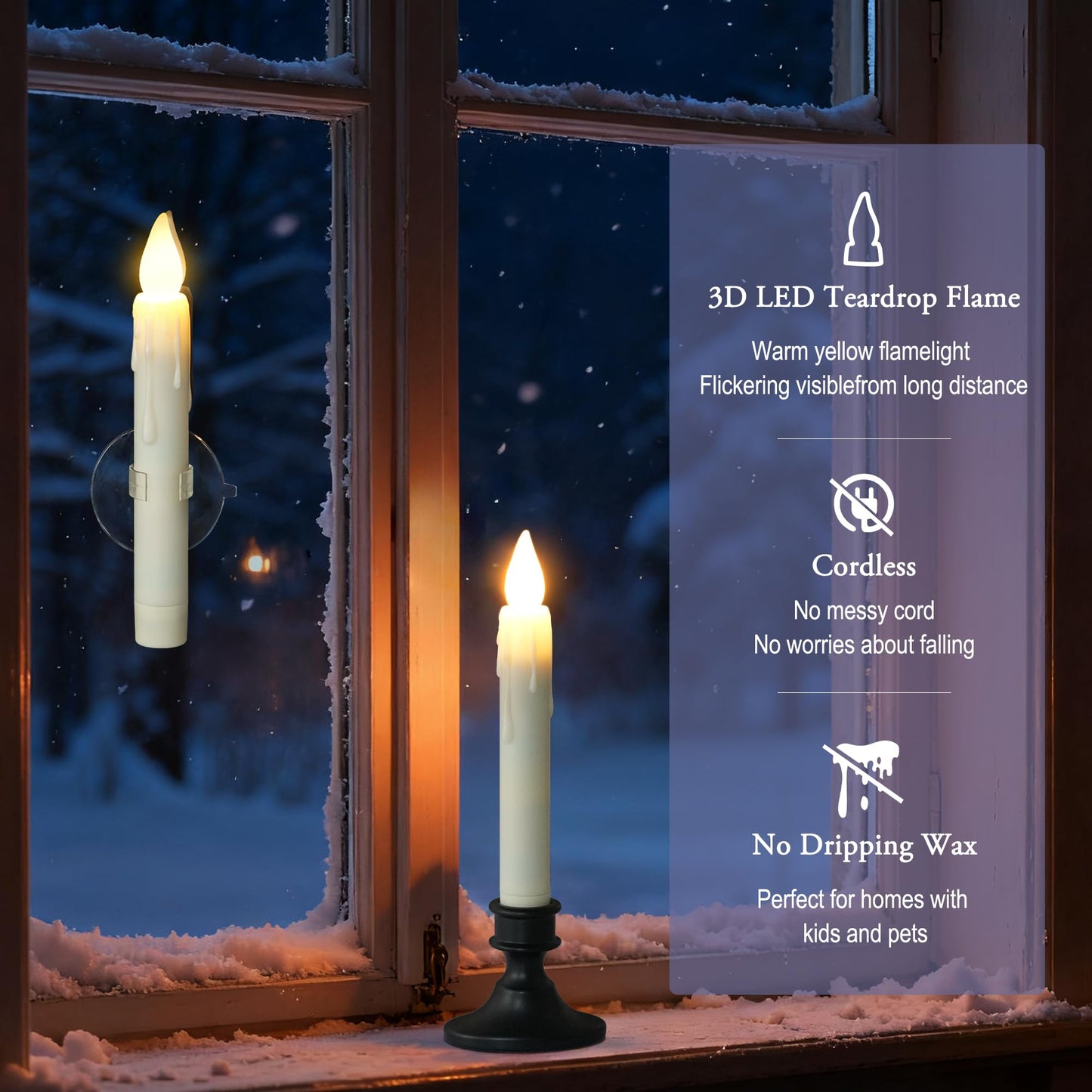 FREEPOWER Battery Operated LED Window Candles with Dusk to Dawn Sensor, Ivory Flameless Flickering Candlesticks with Suction Cups & Removable Black