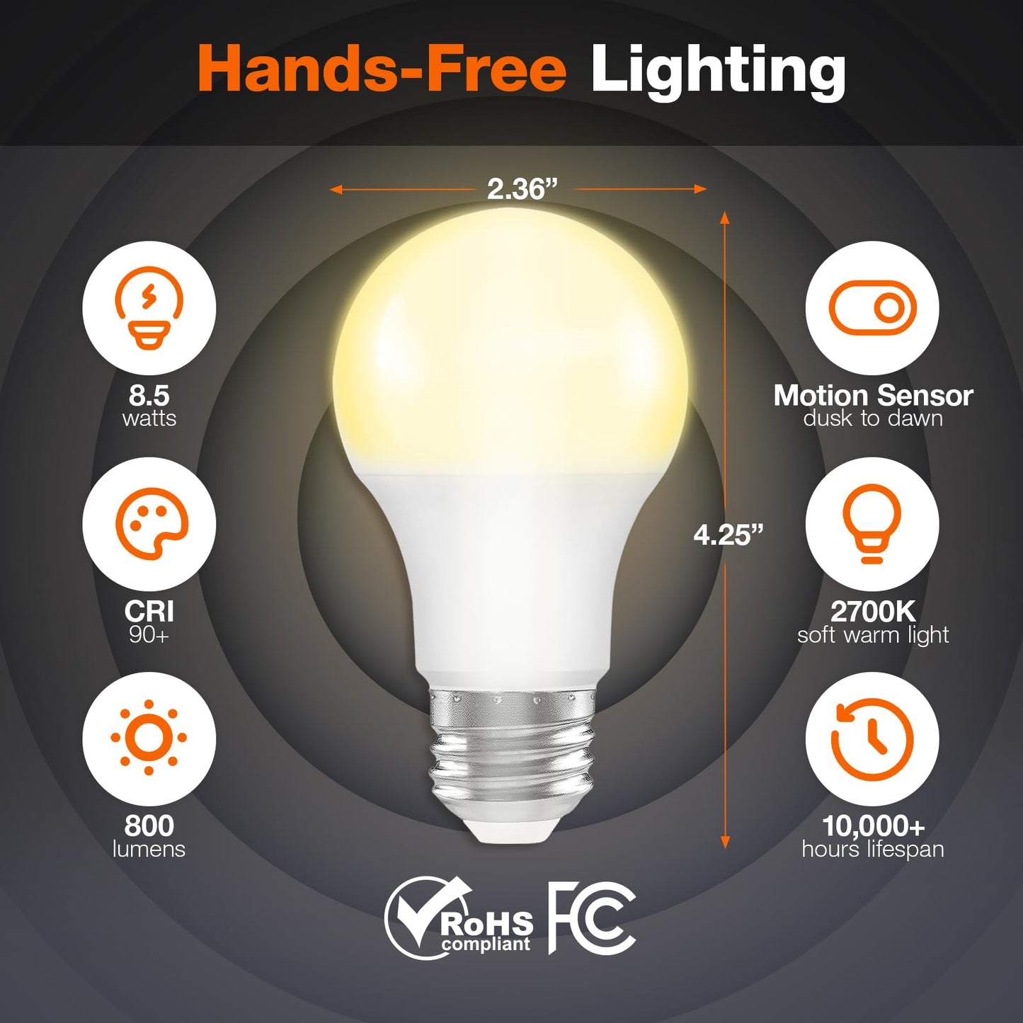 Sylvania A19 Dusk to Dawn LED Light Bulb with Motion Sensor, 8.5W = 60W, Frosted Finish, 90 CRI, Security/Safety Bulb, Damp-Rated, 2700K, Soft White