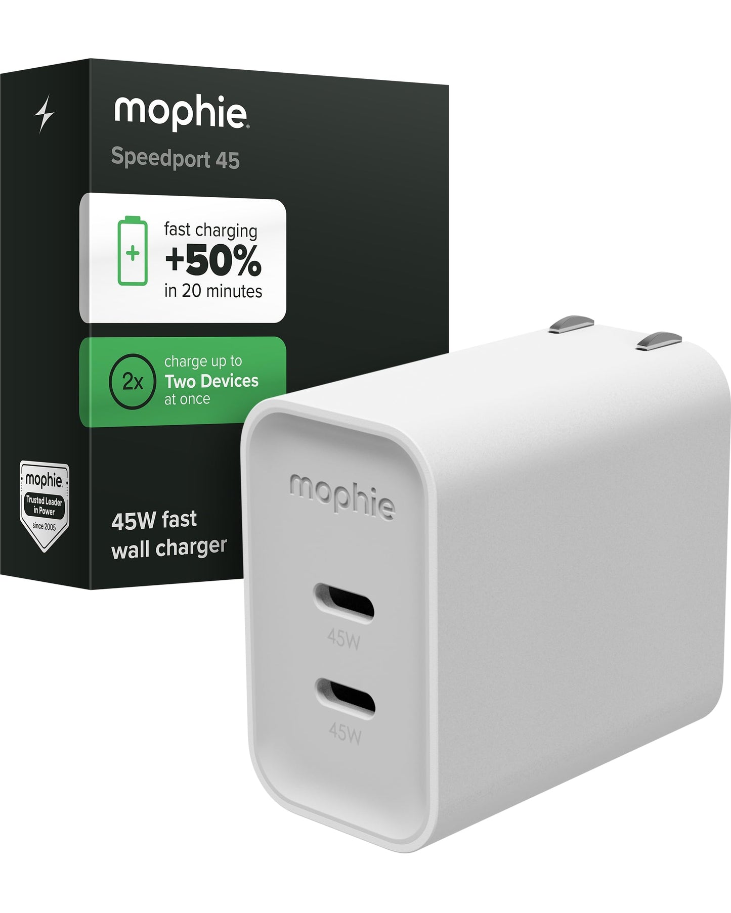 Mophie Speedport 45 GAN USB-C Charger Block - 45W Fast Wall Charger, 2× USB?C PD Ports, Compact Foldable Prongs, Made with Recycled Materials