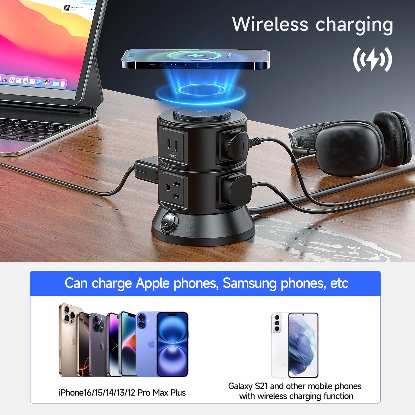 Power Strip Tower 1875W 15A with 15W Magnetic Wireless Charger, Dual-Layer Rotatable Design, 540 Joules Surge Protector Tower with 6 AC Outlets and 4