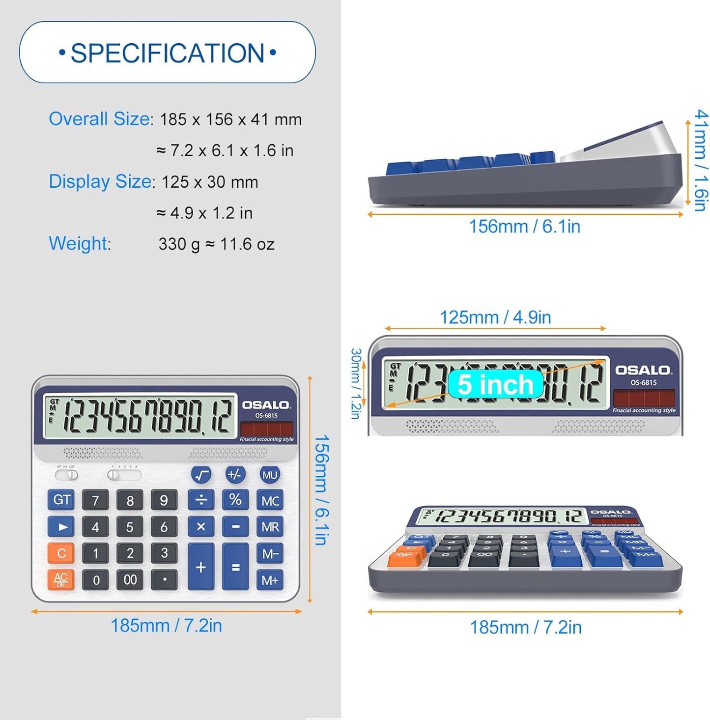 Desktop Calculator Extra Large 5-Inch LCD Display 12-Digit Big Number Accounting Calculator with Giant Response Button, Battery & Solar Powered