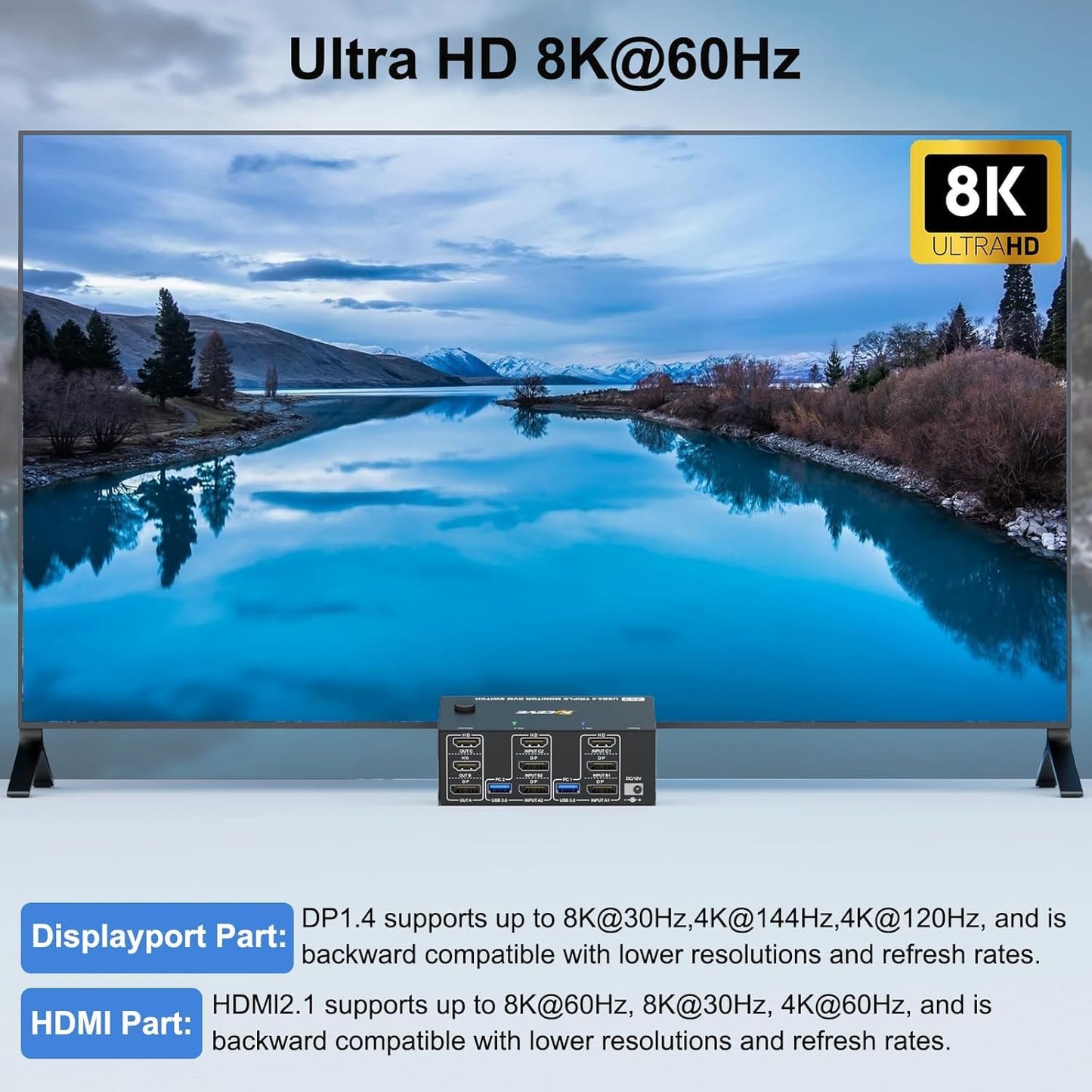HDMI Displayport KVM Switch 3 Monitors 2 Computers 8K@60Hz/4K@144Hz, USB3.0 KVM Switches for 2 PC Sharing Triple Monitor and Keyboard Mouse with Power