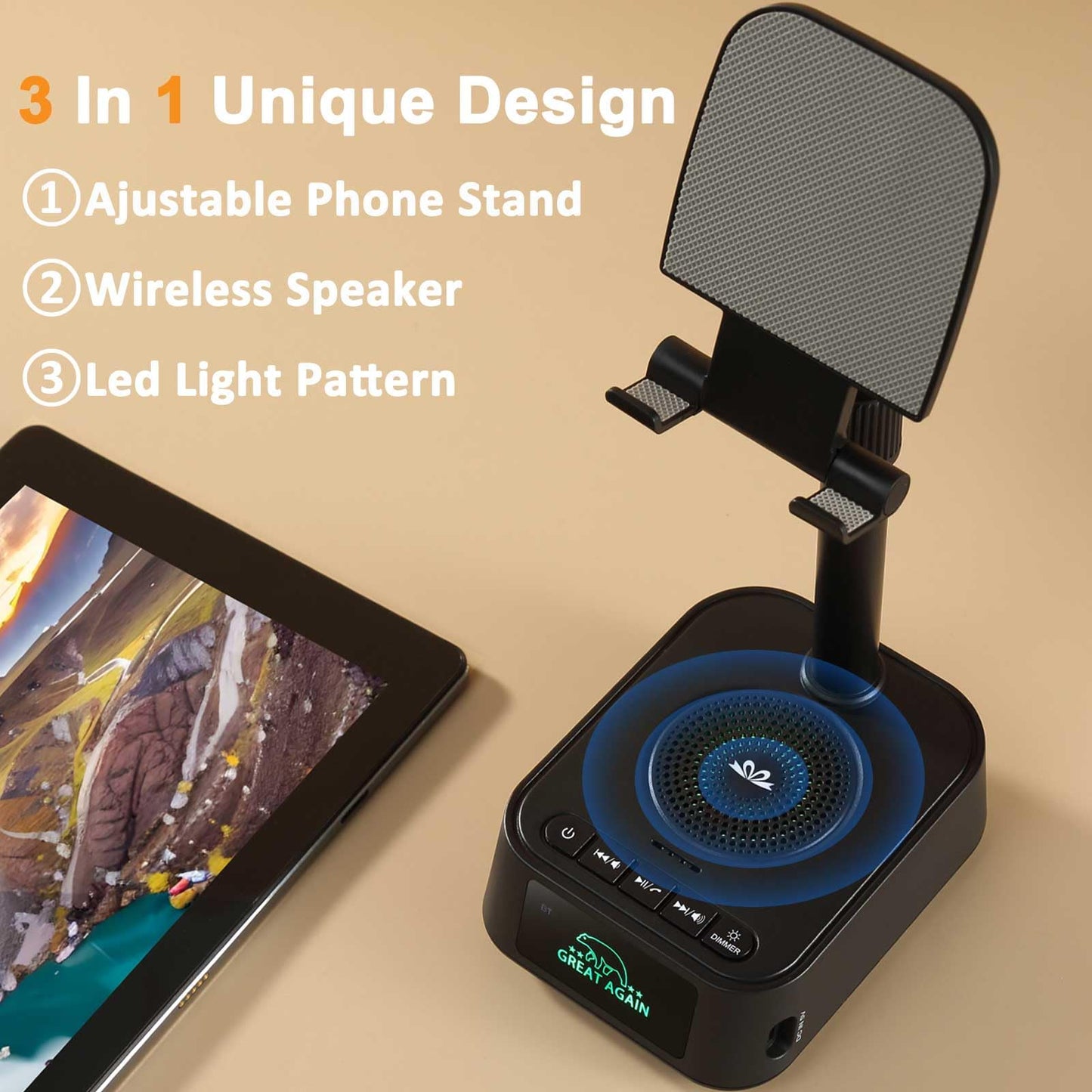 DAOCE Gifts for Men Women, Phone Stand with Bluetooth Speaker, Birthday Gifts Him Her, Adjustable Height Phone Holder with HD Stereo Sound Fits All