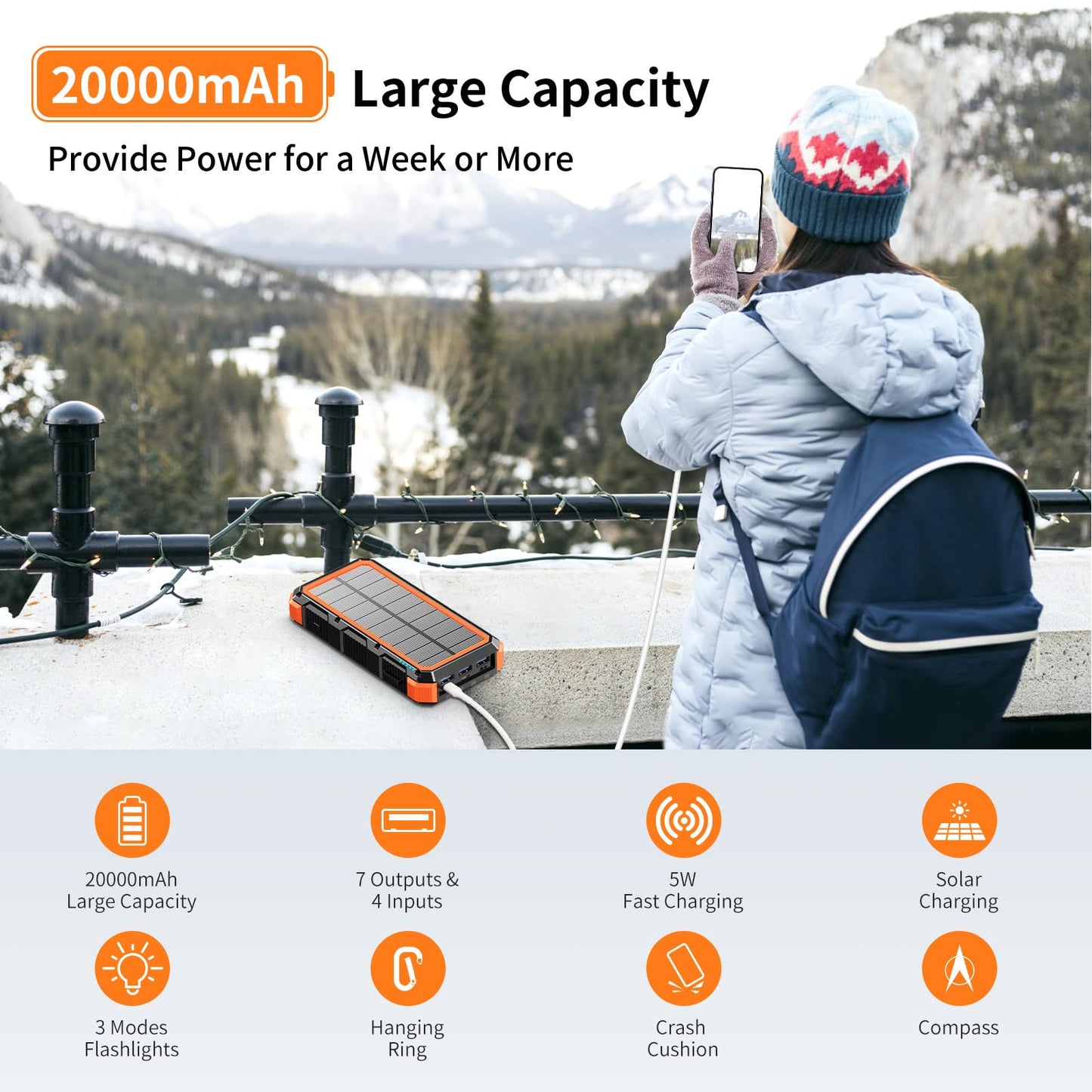 Solar Charger Power Bank 20000mAh Wireless Charger QC 3.0 Fast Charging Power Bank 8 Outputs 4 Inputs Solar Portable Charger Compatible with All