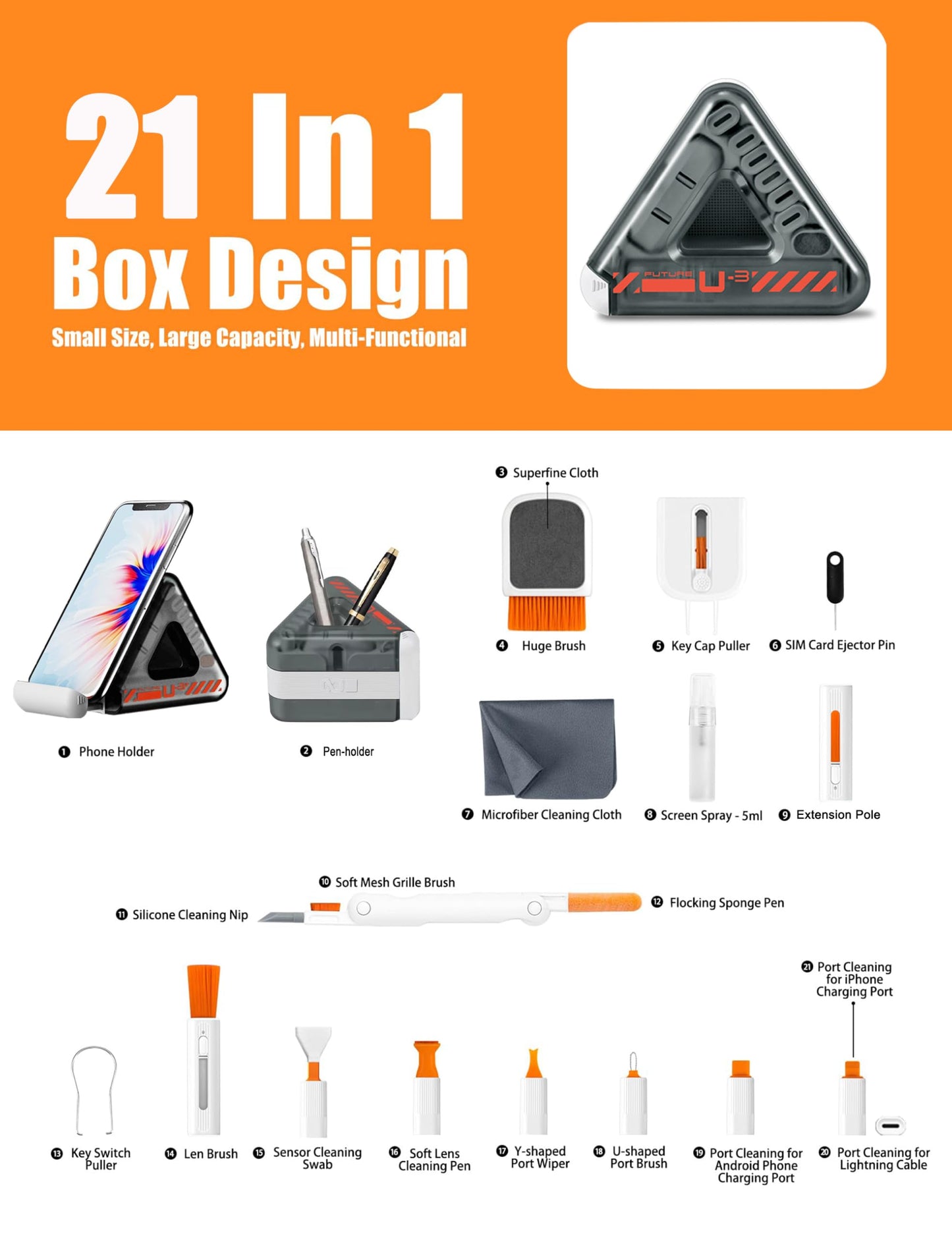Laptop, Phone, and Electronics Cleaning Kit with Spray, Microfiber Cloth, Brush, 21 Tools (Triangle)