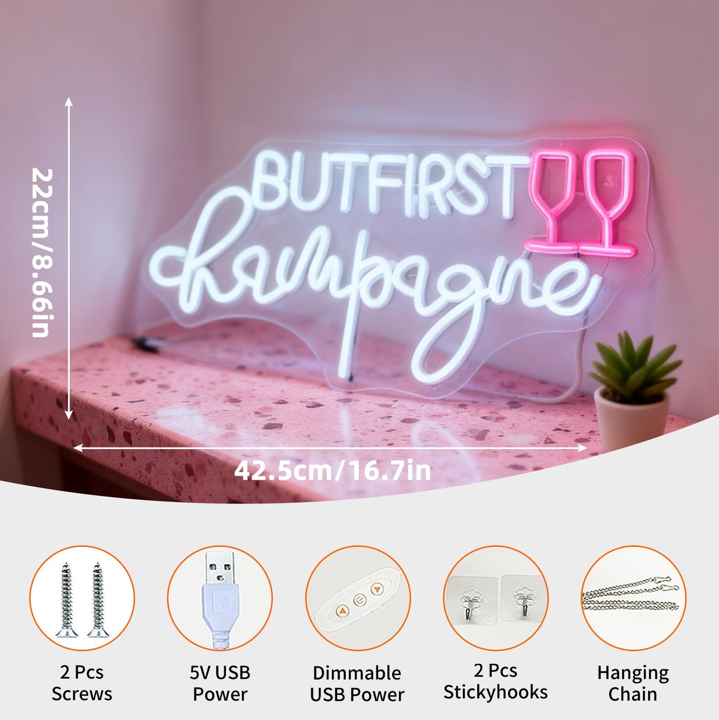 But First Champagne Neon Sign - USB Powered Wall Table Decor for Party Bar Living Room Bedroom, White and Pink LED Decorative Neon Light, 16.7 x 8.7