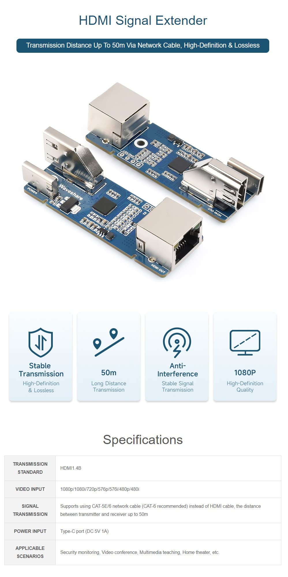 HDMI Signal Extender 1080P High-Definition & Lossless Transmission Up to 50m Long Transmission Distance Via CAT-5E/6 Network Cable