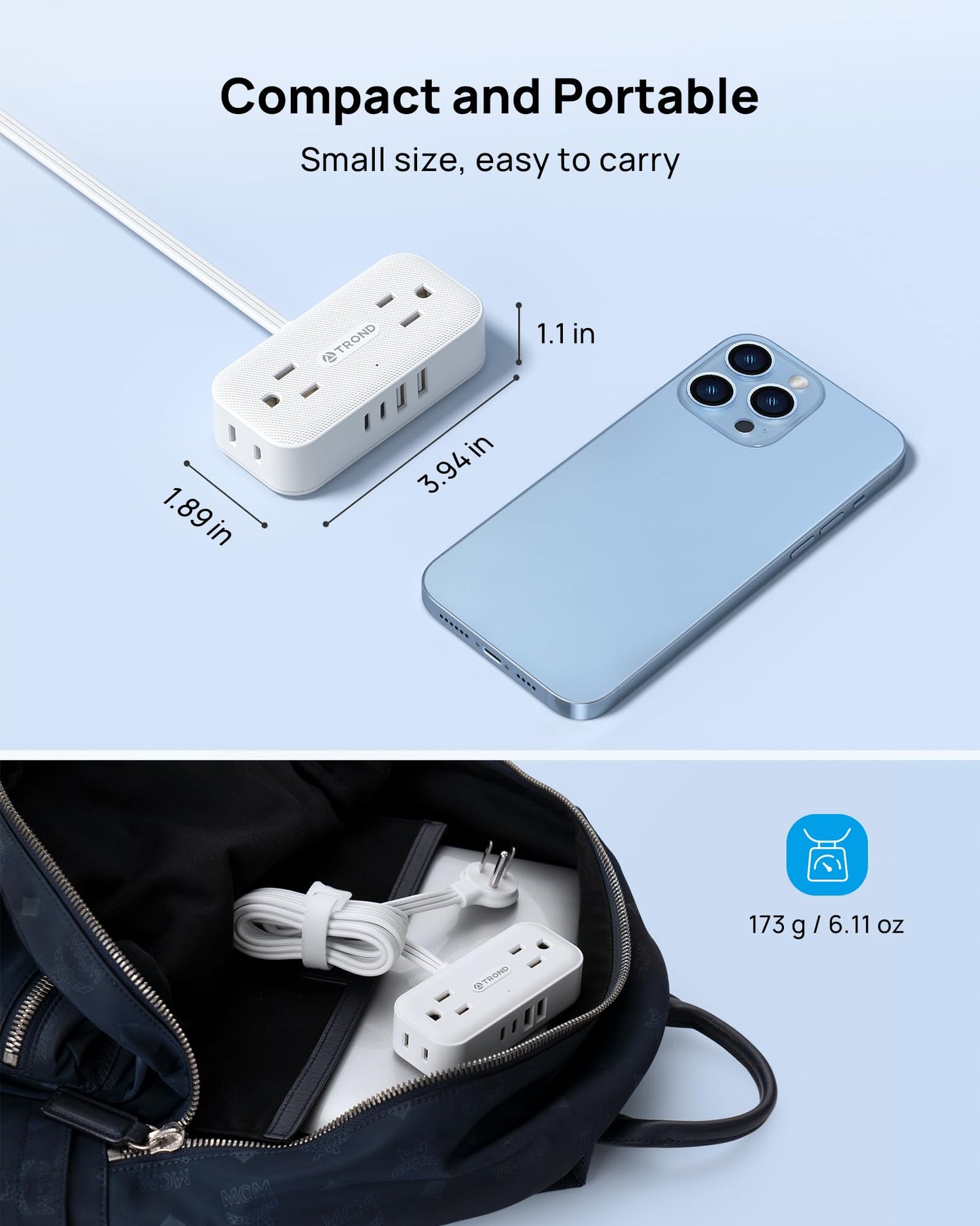 TROND Flat Plug Power Strip 5FT, Small Flat Extension Cord with Multiple Outlets, 4 AC and 4 USB Ports (2 USB C), Wall Mount 900J Surge Protector