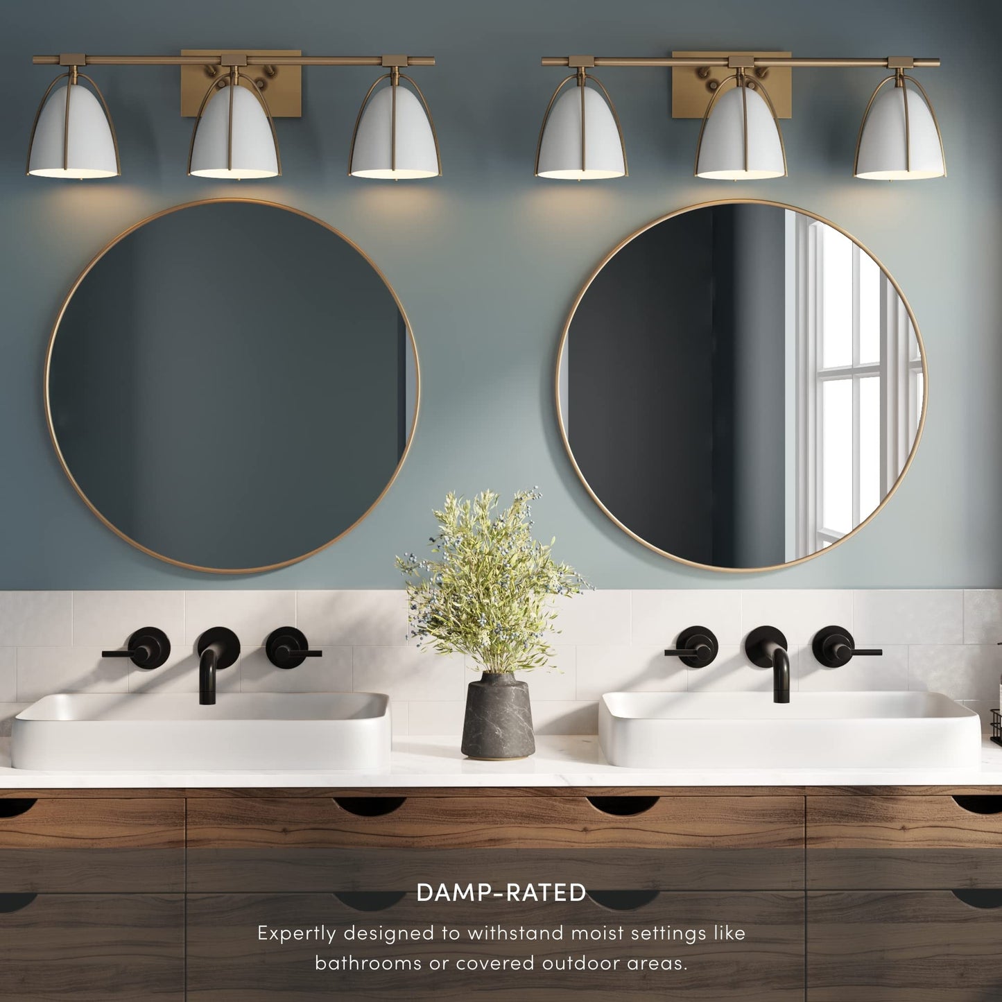 Nathan James Aubrey 3-Lights Farmhouse Wall Light Fixture, Bathroom Vanity Light with Brass Metal Frame and Gold and White Cage Shades for Bathroom