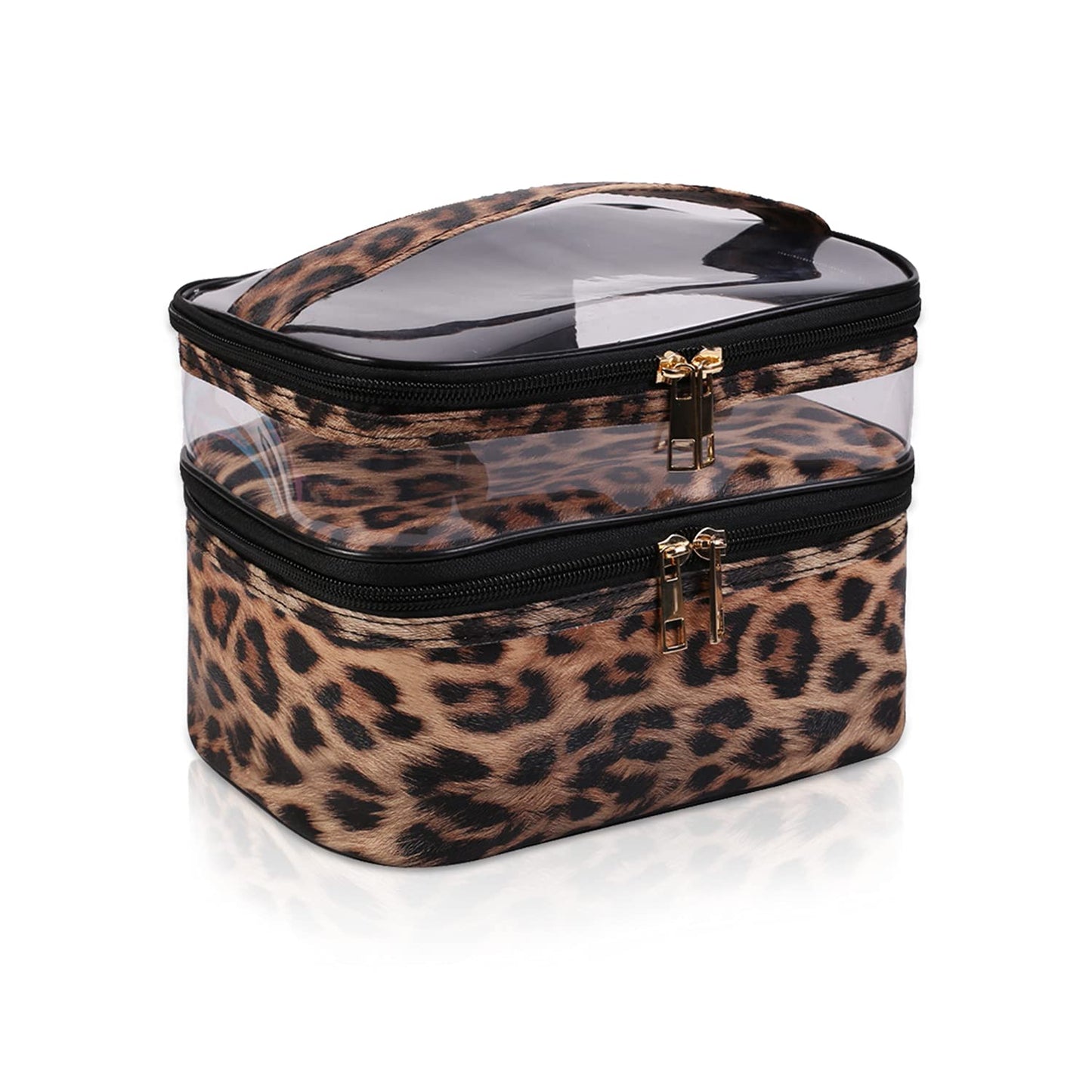imerelez Double-Layer Cosmetic Bag – Portable Waterproof Travel Makeup Case for Women, Foldable Organizer Pouch (Leopard Print)
