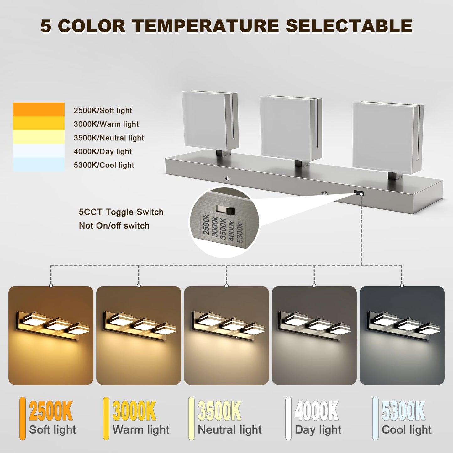 Joossnwell Brushed Nickel Vanity Lights for Bathroom Light Fixtures (3-Light, 19.69-Inch) Dimmable 5CCT Modern Bath Lighing Fixture Over Mirror LED