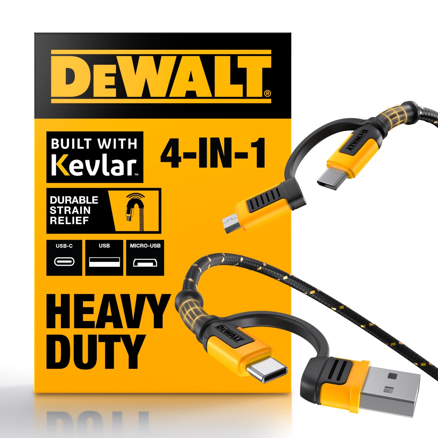 DEWALT Heavy Duty 4-in-1 Cable, Type C/MicroUSB/USB Cables for iPhone 17/16/15 iPad, USBC All in One Charging Cable, HTC, LG, Samsung Galaxy, Android