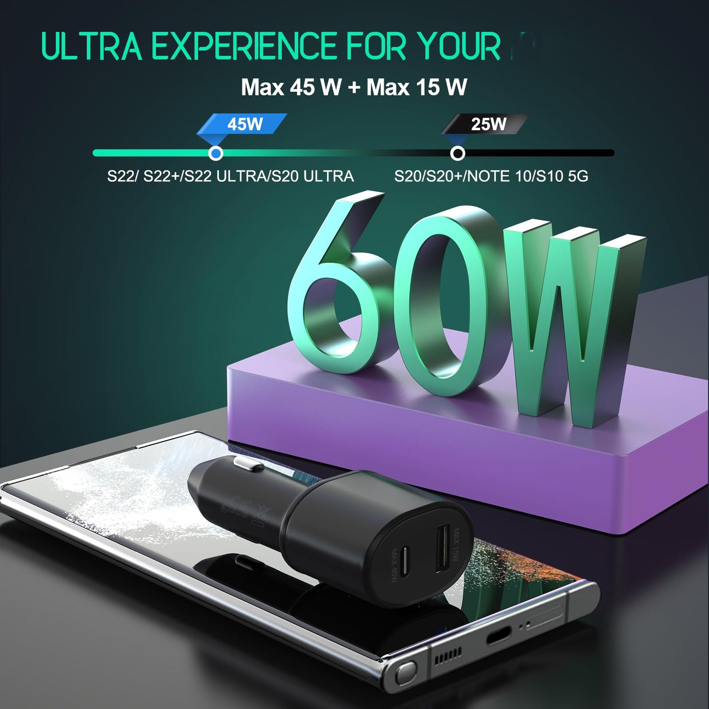 Samsung Super Fast Dual Car Charger (45W+15W) with Super Fast Charging Cable for Samsung Galaxy S26 S25 S24 S22 S21 S20 Ultra Plus Note 10+,Pixel,Note