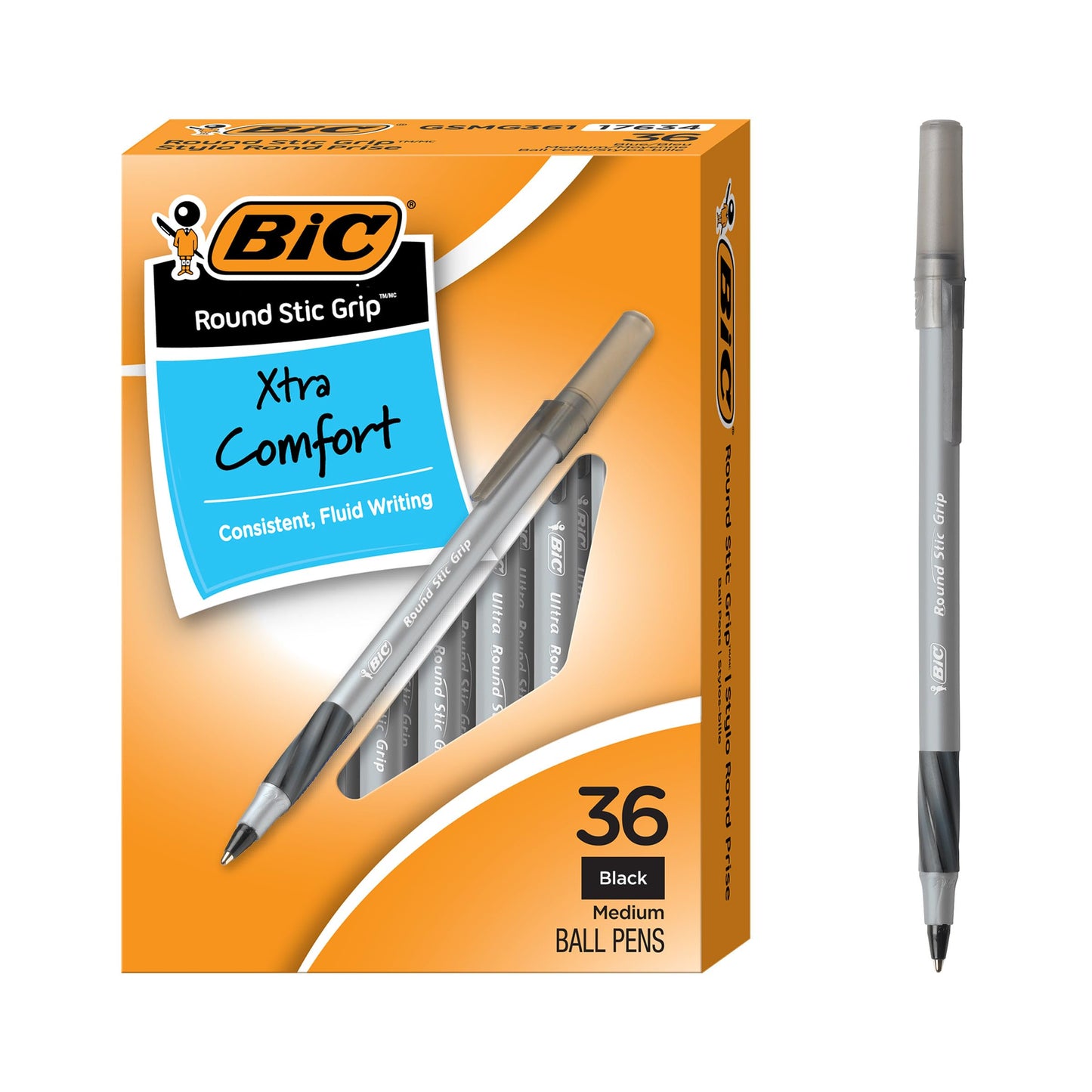 BIC Round Stic Grip Xtra Comfort Black Ballpoint Pens, Medium Point (1.2mm), 36-Count Pack, Perfect Writing Pens With Soft Grip for Superb Comfort