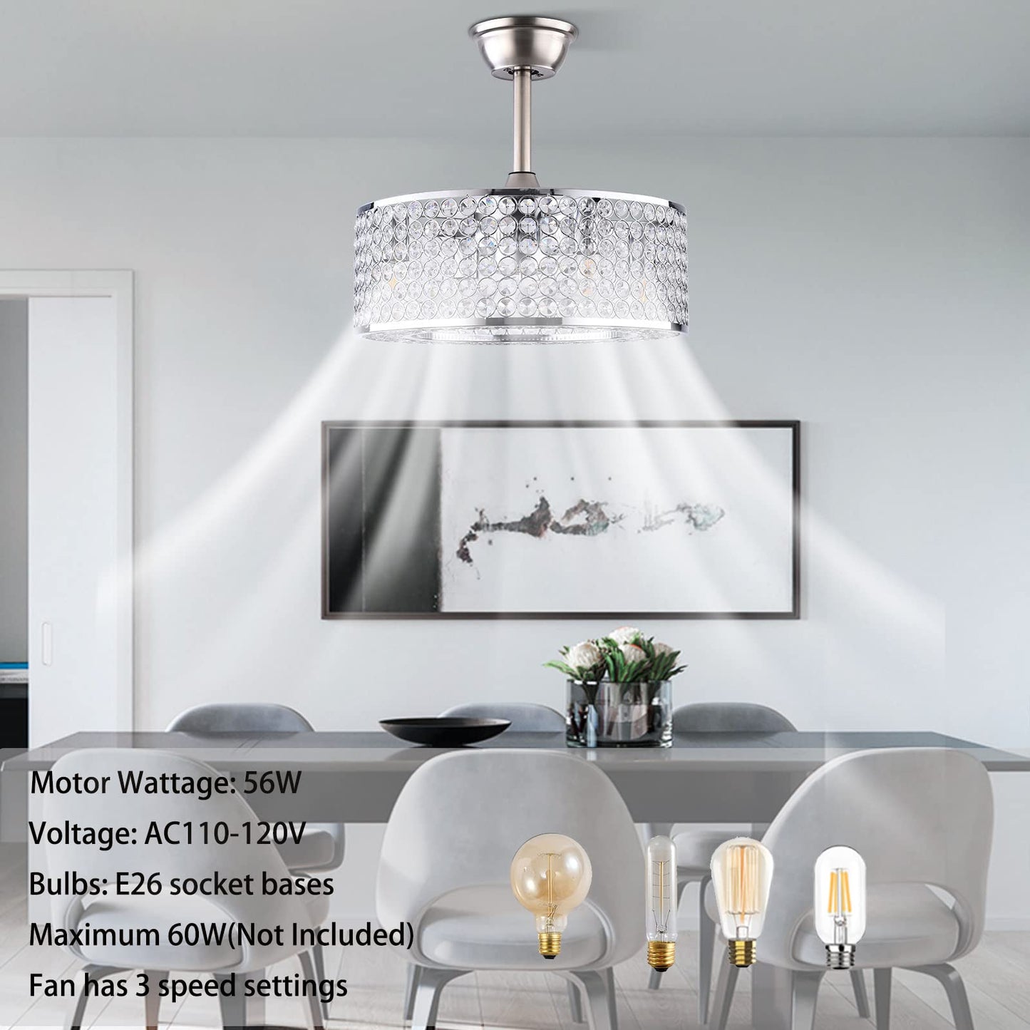 WUSILILU 18" Crystal Caged Ceiling Fan with Lights and Remote, 3-Speed Adjustment, 3 Fan Timing Options, Sleep Shutdown, Chandelier Fan for Bedroom