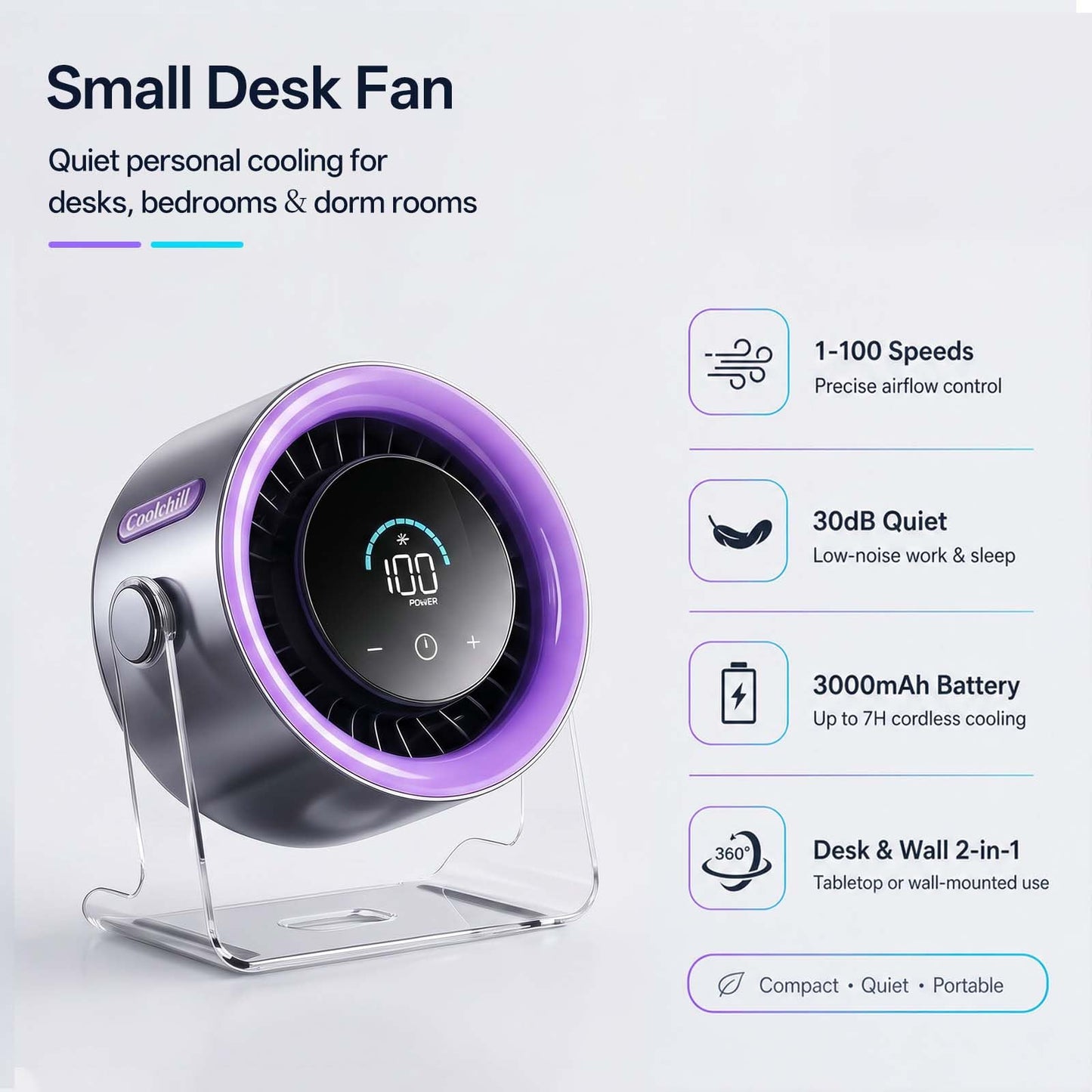 Coolhill USB Desk Fan for Bedroom: 100 Speeds Digital Display Quiet Portable Fan with Turbo Airflow, 120° Rotating Small Rechargeable Battery Desktop