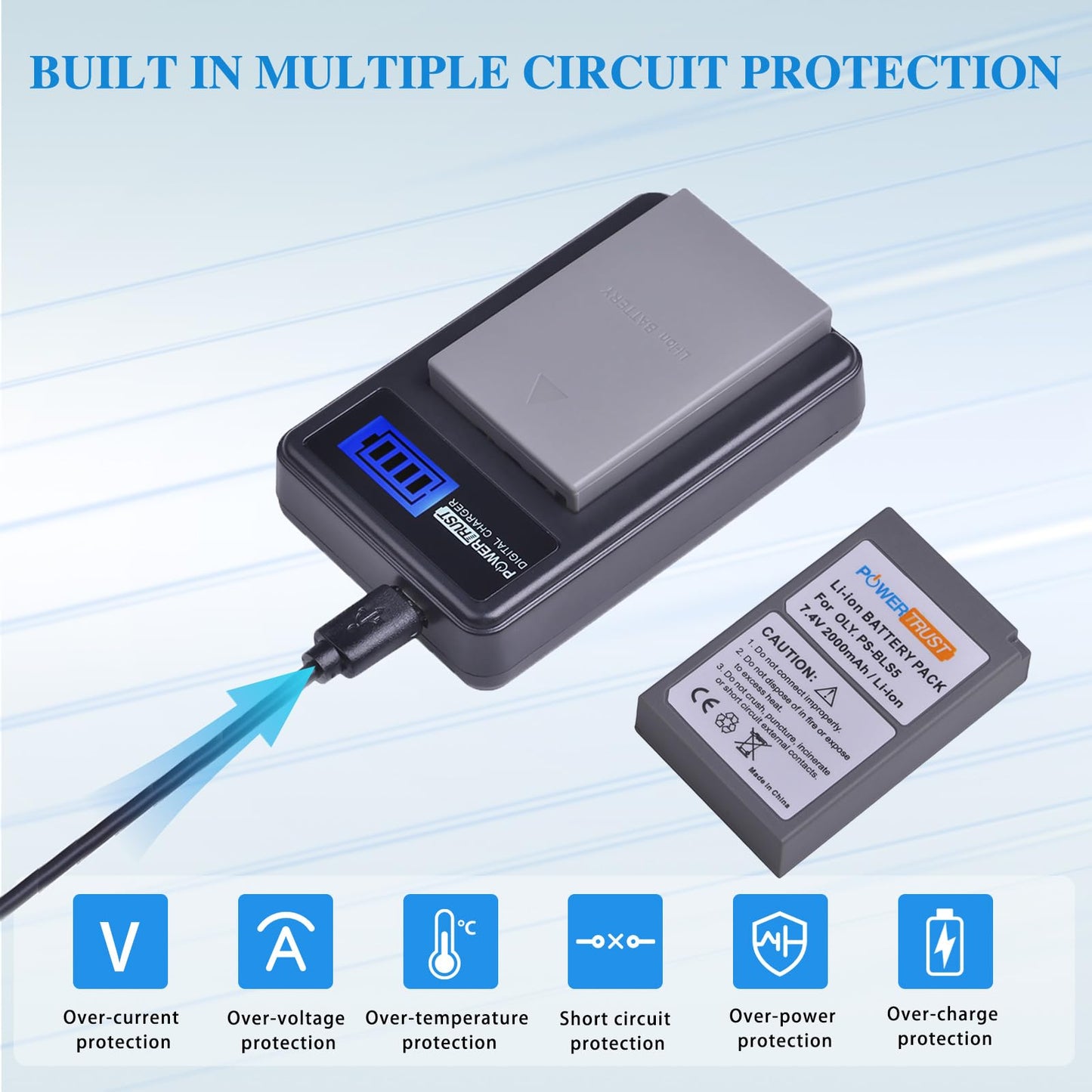 PowerTrust 2-Pack PS-BLS5 BLS-5 BLS5 Bls50 Batteries and LCD USB Charger for Olympus OM-D E-M10,Mark III,Mark II,Pen E-PL2,E-PL6,E-PM2, Stylus 1