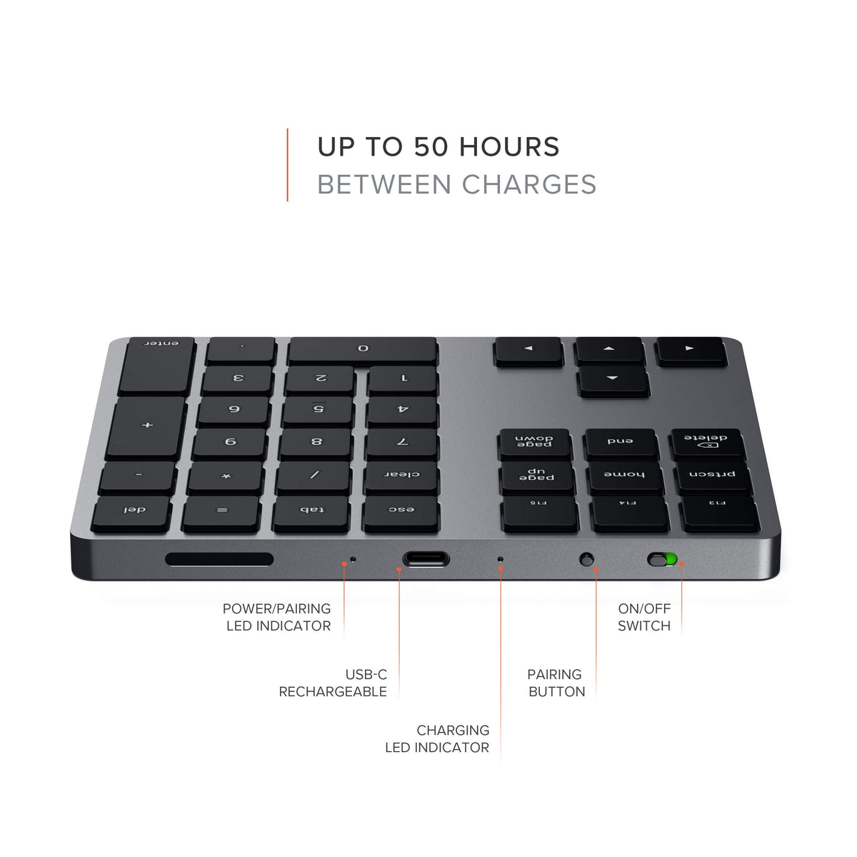 Satechi Bluetooth Extended Numeric Keypad, Rechargeable 34-Key, Space Gray