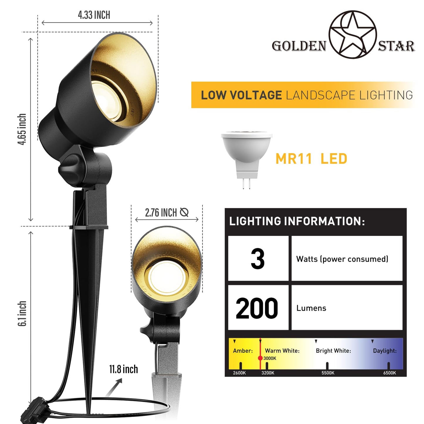GOLDEN STAR 3W Spot Lights Outdoor LED Lighting Low Voltage Landscape Lights 200Lumen 3000K Warm White Spotlights with Metal Stake & Connector