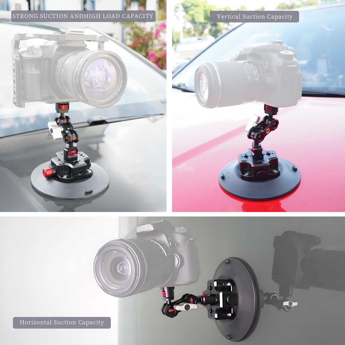 CNC Machined 6in Suction Cup Camera Mount with Ball Head Magic Arm, 1/4" ARRI Holes, Quick Release Car Mount with Phone Holder & Action Camera Adapter