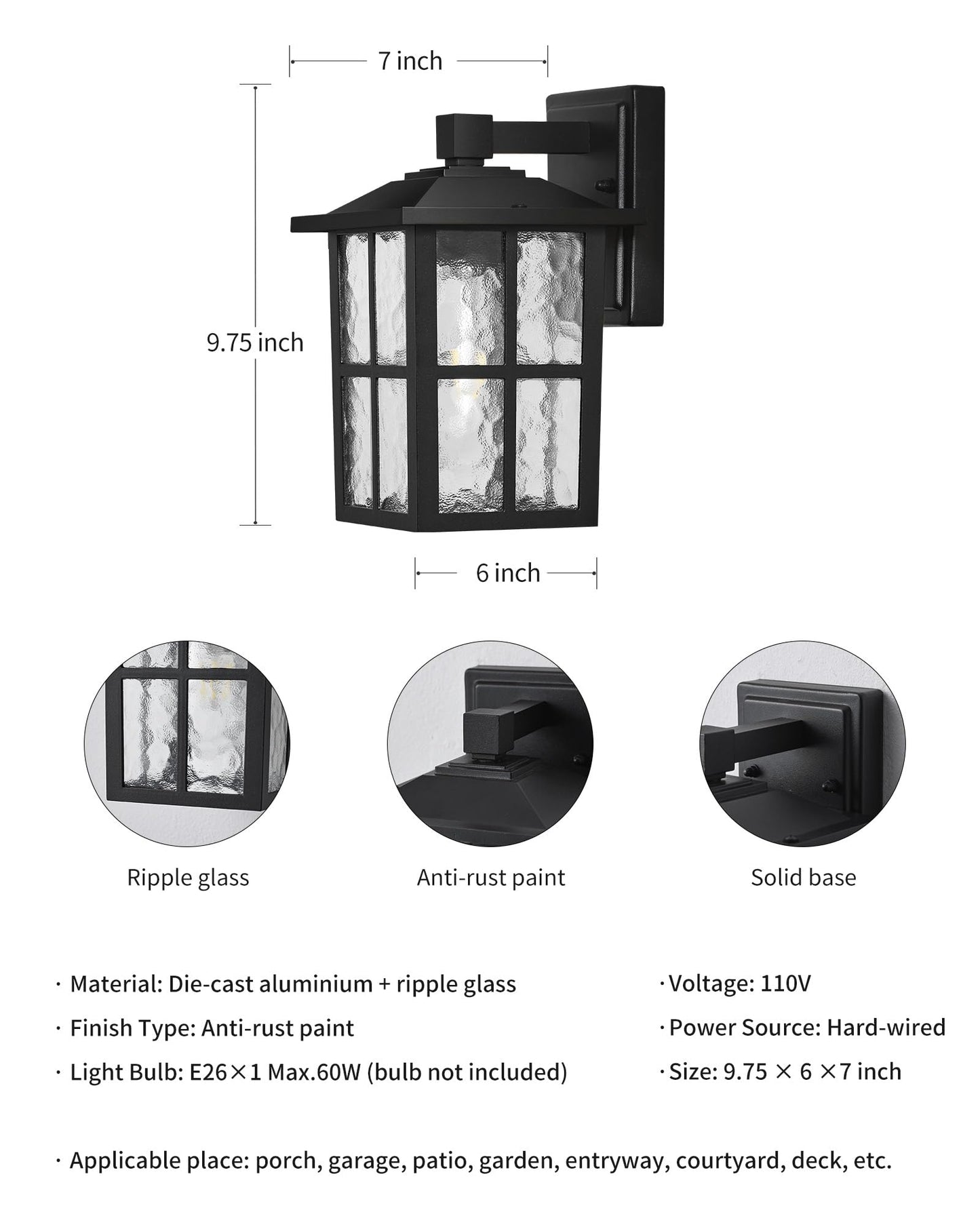 KDG Outdoor Waterproof Patio Wall Light Fixtures Set of 2, Black E26 Socket Exterior Lanterns with Tempered Glass, Modern Wall Mounted Lamp Suitable