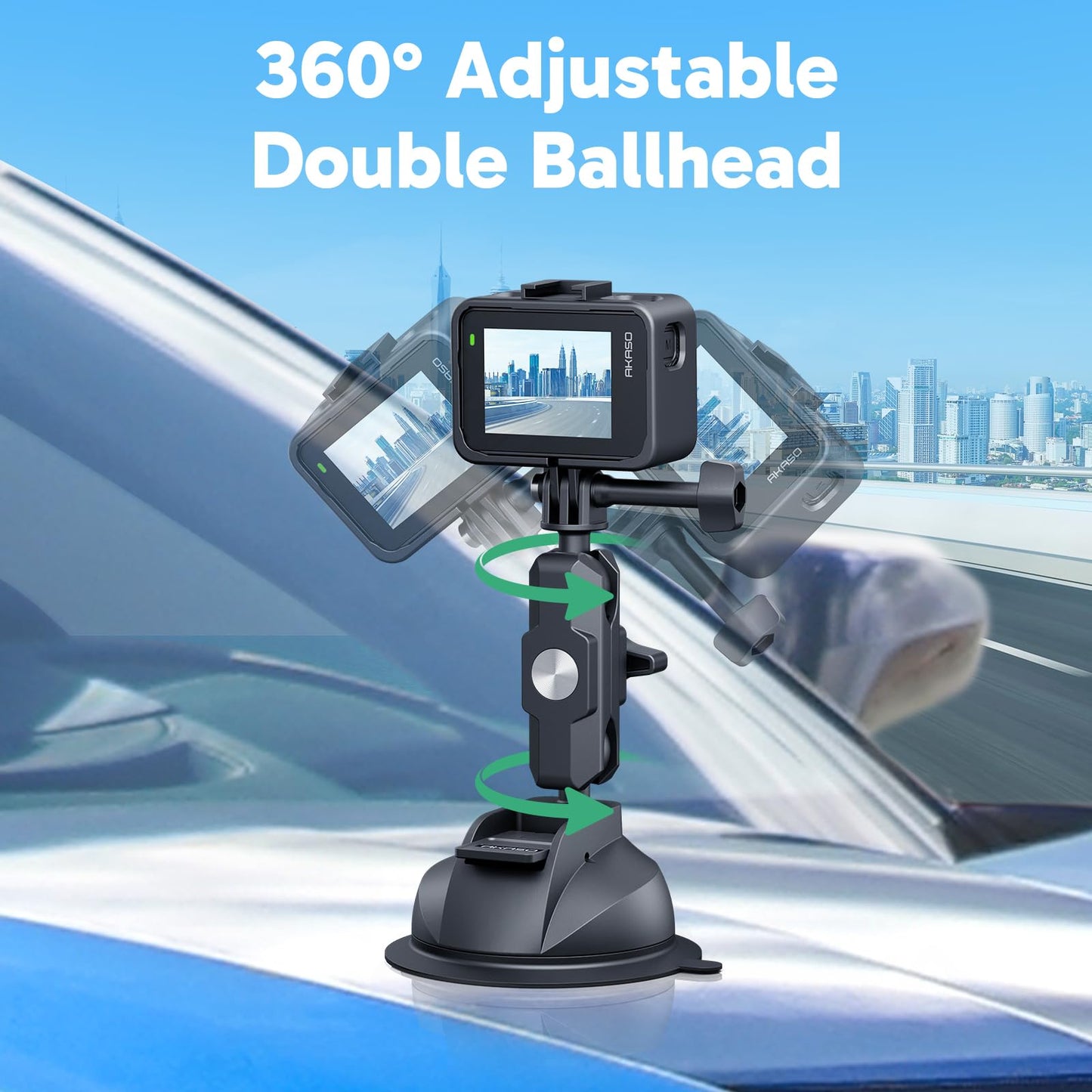 AKASO Suction Cup Car Mount with Phone Holder for GoPro Hero 13 12 11 10 9, Insta360 X5 X4 X3, DJI Action, Osmo 360, 360, EK7000/EK7000 Pro, Brave 4/4