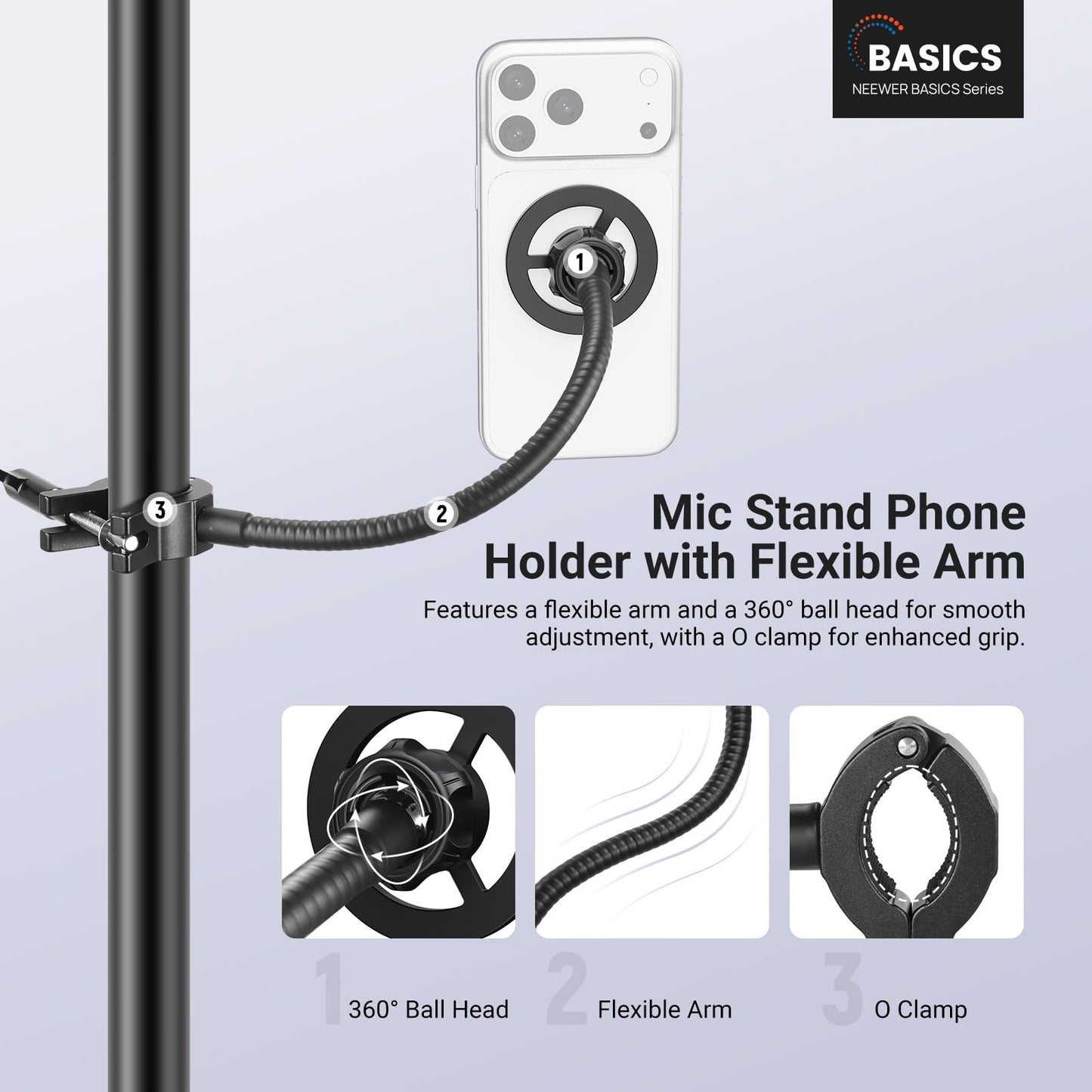 NEEWER BASICS Magnetic Phone Holder for Mic Stand with Flexible Tube, Magnet Adjustable Boom Pole Arm Mount Compatible with iPhone Android Samsung for