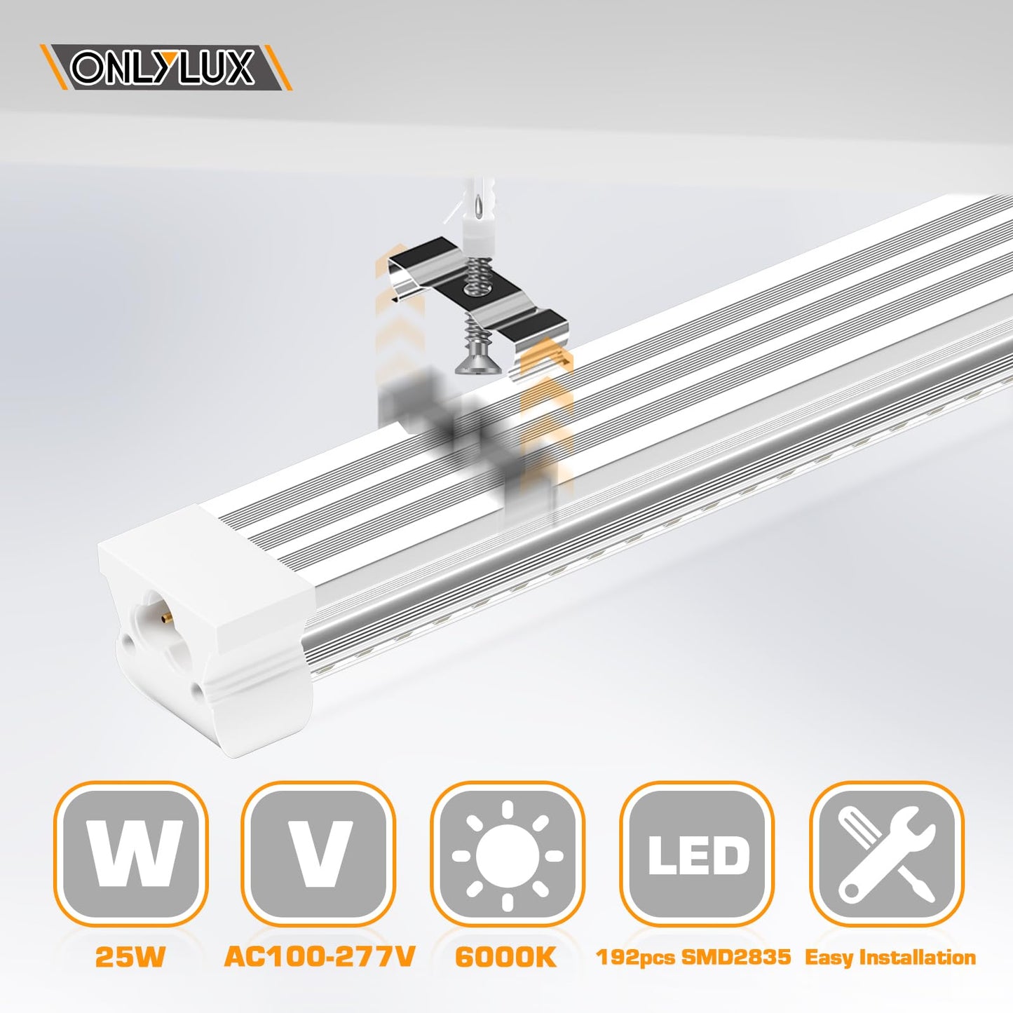 ONLYLUX LED Shop Lights, LED Tube Light 25W 6000K, Garage Lighting, Super Bright, Under Cabinet Lighting, Linkable with Plug Shop Lights for Garage