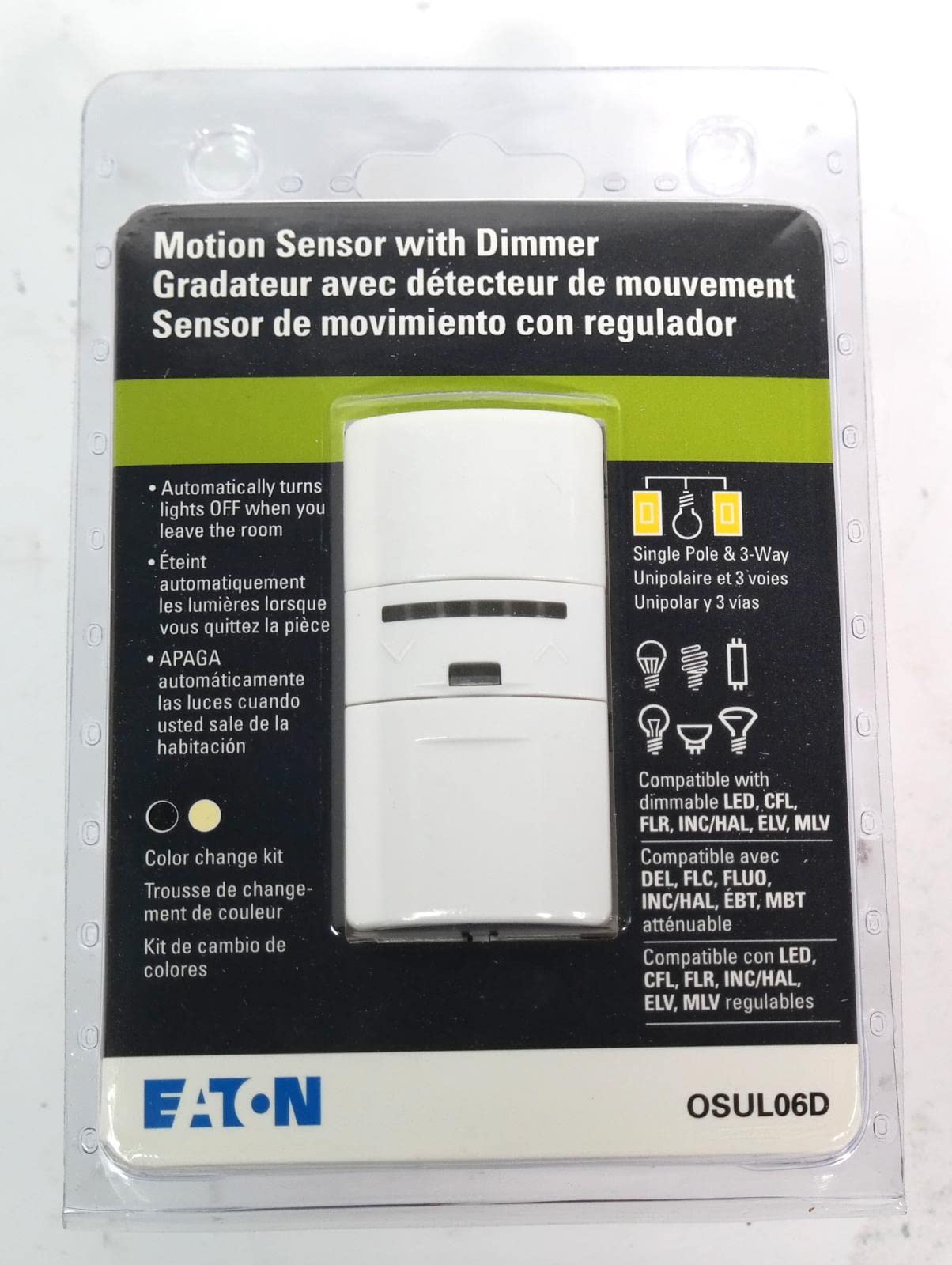 EATON OSUL06D-C4-K-L Occupancy Motion Sensor with Dimmer, Single Pole & 3-Way, in White Ivory Black Colors