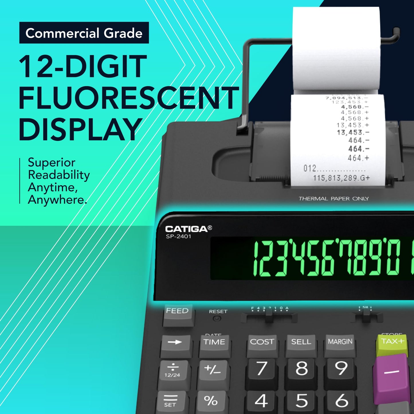 CATIGA 12 Digit Thermal Printing Calculator with Tape Print Out, Ink-Free Adding Machine, 5X Faster Quite at 8.0 LPS, Extra Large Fluorescent Display