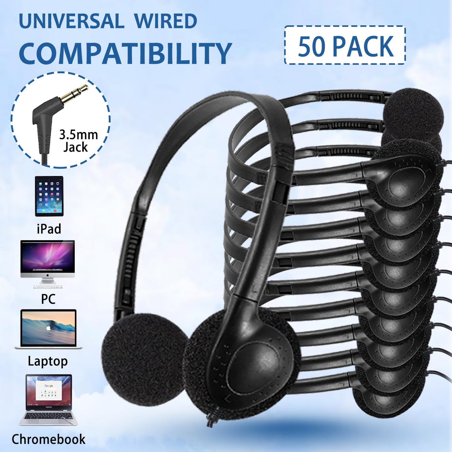 Ladont 50 Pack Classroom Headphones Bulk for Students School, Wired Class Set Headphones for Kids Children Toddler Boys Girls Teen(Black)