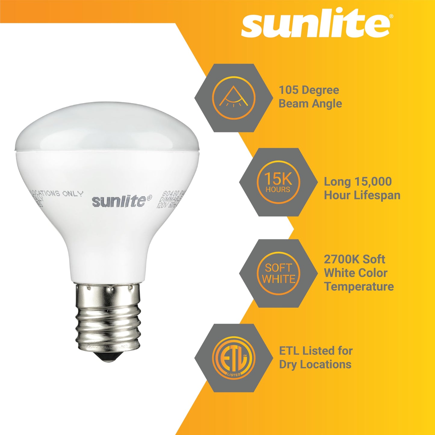 Sunlite LED R14 Mini Flood Light Bulbs, 4 Watts (25W Equivalent), 280 Lumens, Intermediate (E17) Base, Dimmable, ETL Listed, 2700K Soft White,