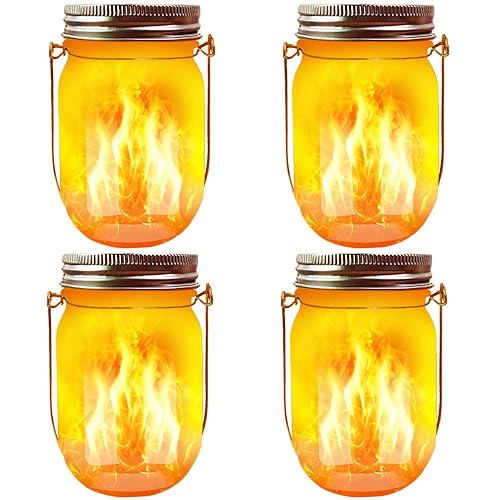 Solar Mason Jar Flicker Lights Upgraded, 4 Pack Flickering Torches Lights Outdoor Hanging Lanterns Landscape Decoration Lighting Dusk to Dawn Auto