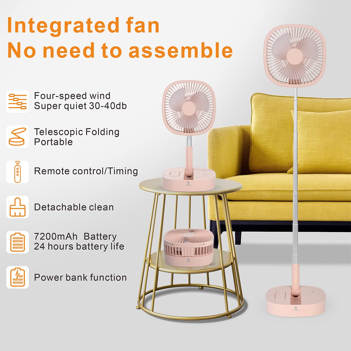 Magesh Portable Pedestal Fan - Foldaway Standing Fan Foldable Desk Fan, Use 7200Mah Rechargeable Battery, Remote Control Telescopic 4 Speed Quiet