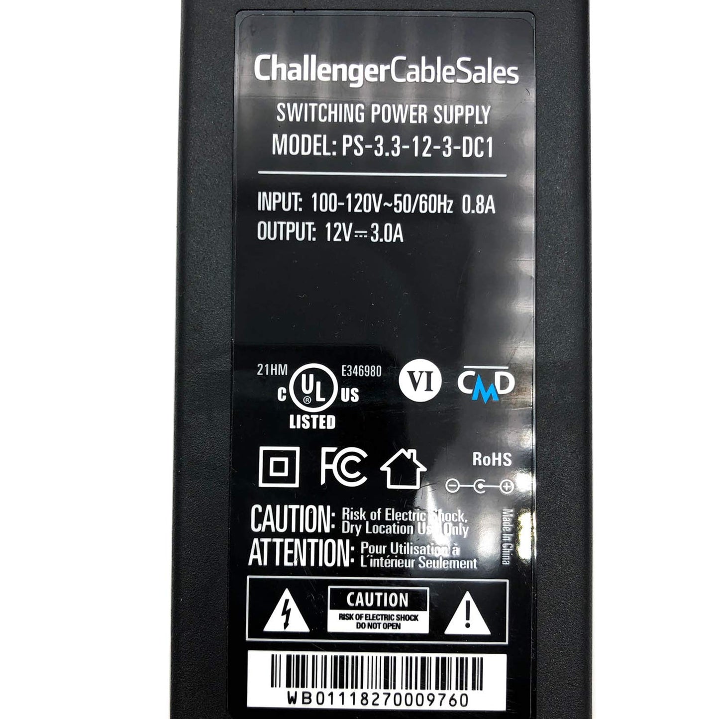 Challenger Cable Sales PS-3.3-12-3-DC1 12V 3A 36W Switching Power Supply AC/DC Adapter