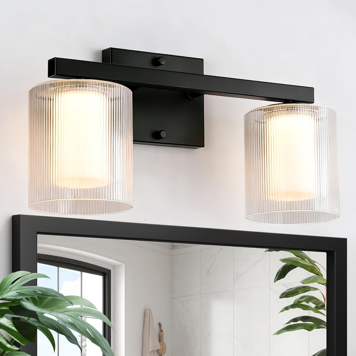 Nwaprh 2-Light Bathroom Vanity Light, 15.75" Matte Black LED Bathroom Light Fixture with Ribbed Glass Shades, 3000K Warm White Wall Sconce, Up/Down