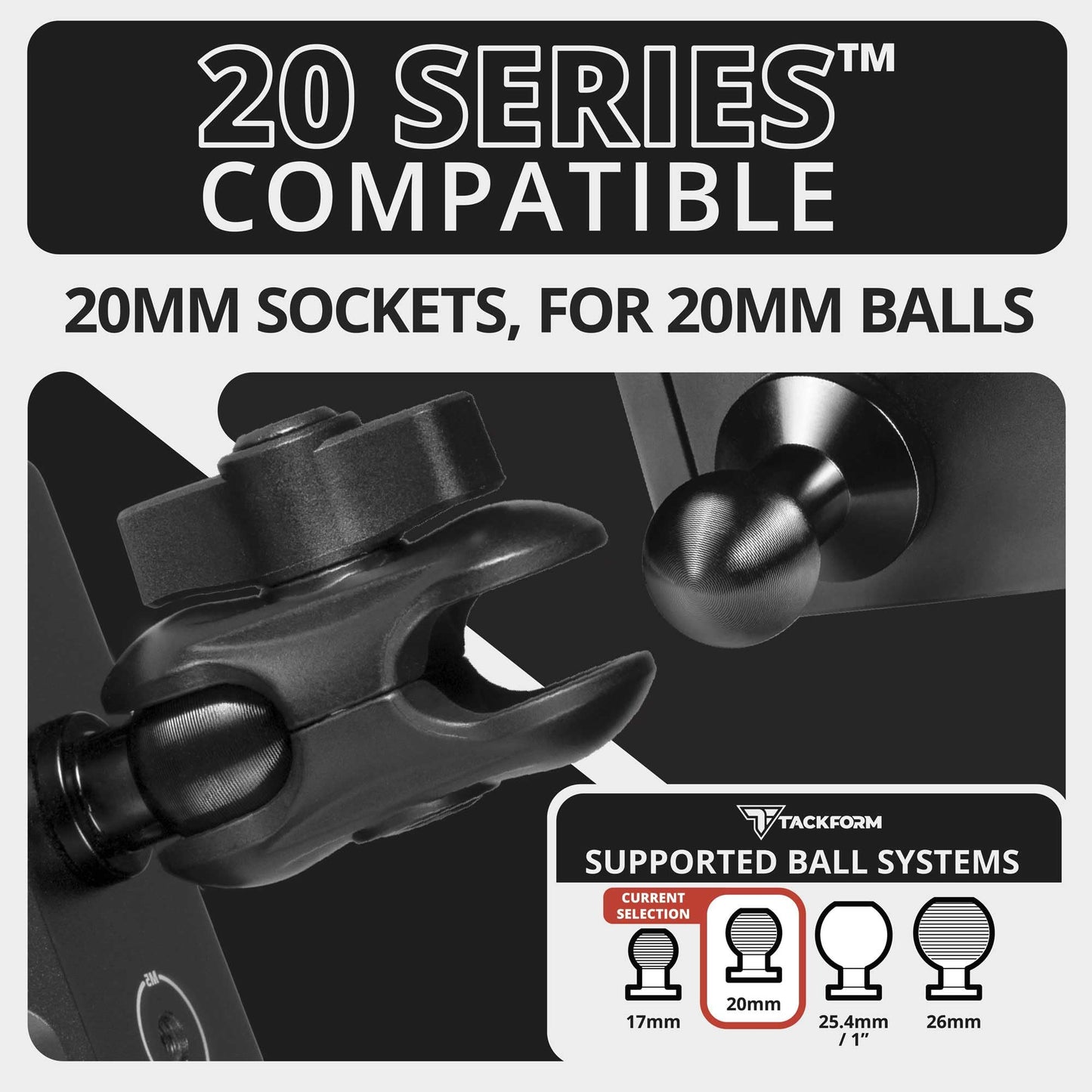 Tackform 2" Long Metal 20mm Ball and Socket Arm DuraLock 20 Series | Dual 20mm Sockets with Optional Anti-Theft Knob | Black with Red Billet Accent