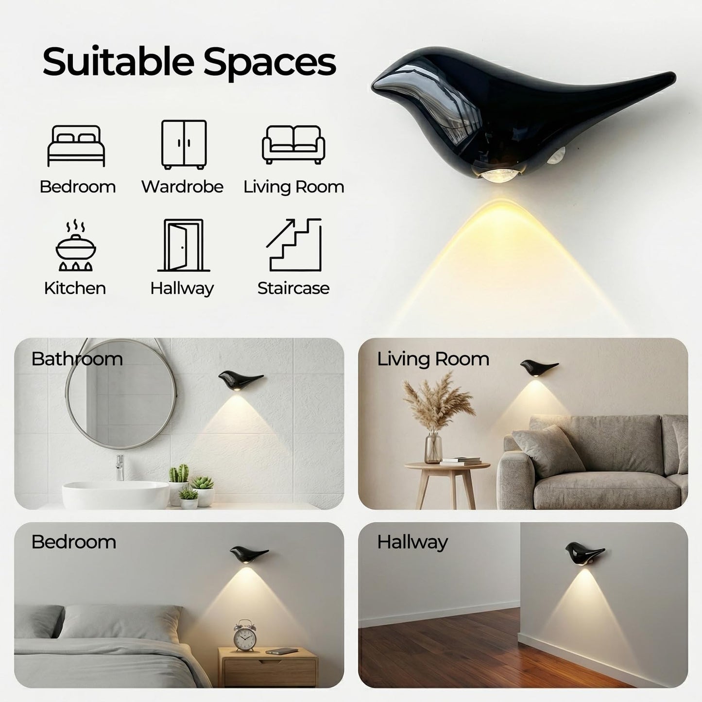 Civicia 2-Pack ObsidianBird Wall Light, Cordless Motion Sensor Night Light