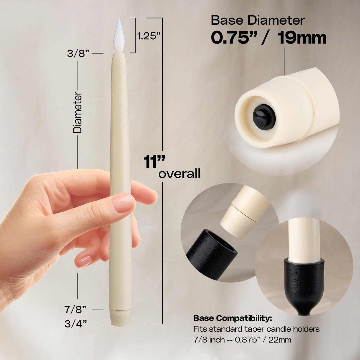 WYZworks 12 Pack, 11" Ivory Flameless LED Taper Flickering Candles Lights, Bottom On/Off Button (no Remote), Battery Operated Electric Long Tall