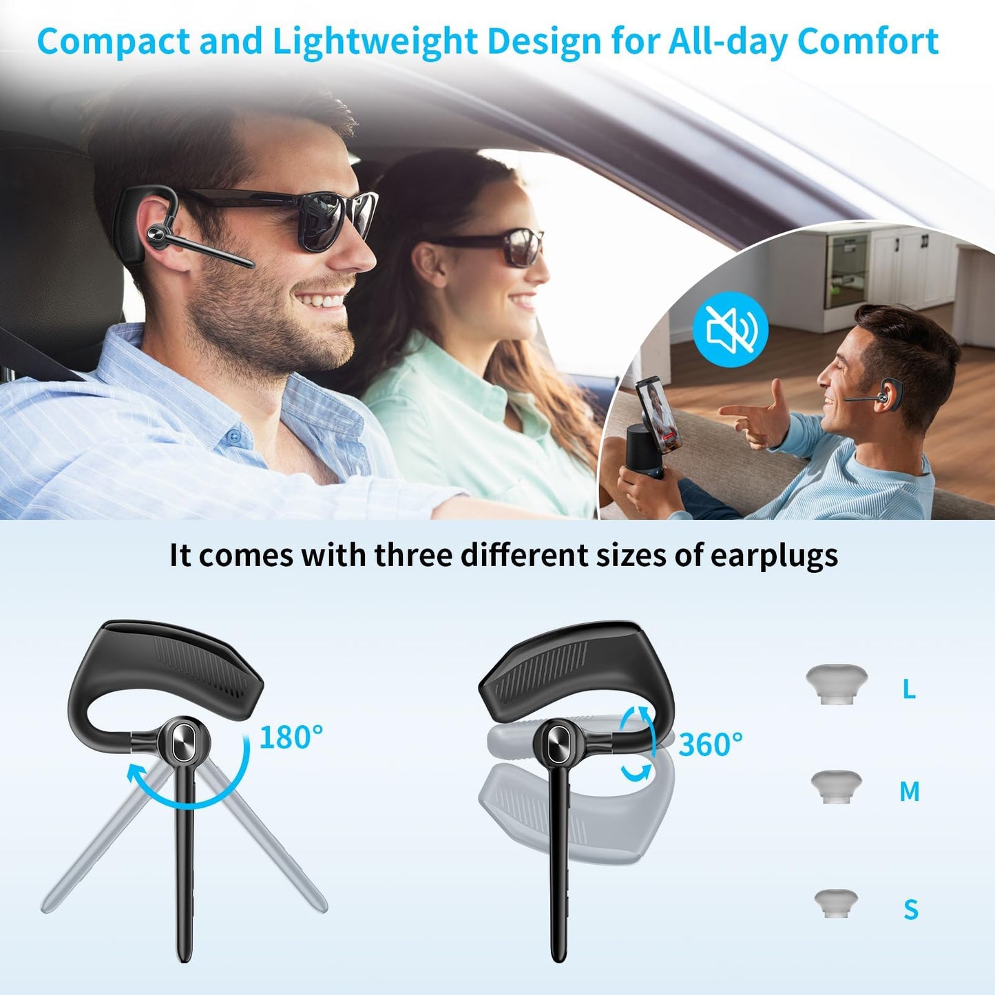 Bluetooth Headset Wireless Earpiece Microphone 180H Playtime 1000mAh Wireless Charging Case Handsfree Single Ear Headset LED Display for iPhone