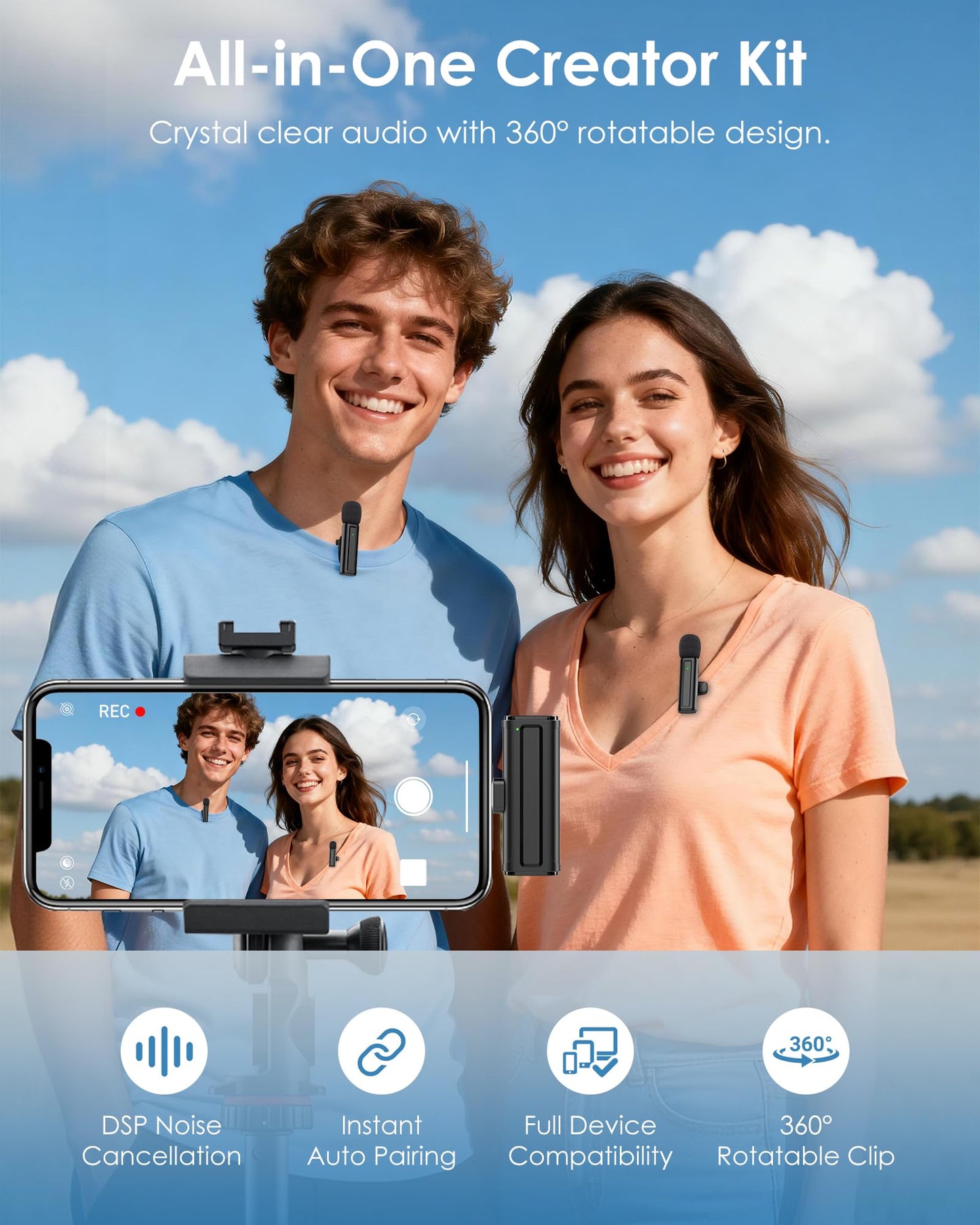 Wireless Mini Microphone for iPhone, iPad, Android, 2 Pack Lavalier Mic with 360° Rotatable Clip, Plug and Play Noise Reduction USB-C Mic for Video