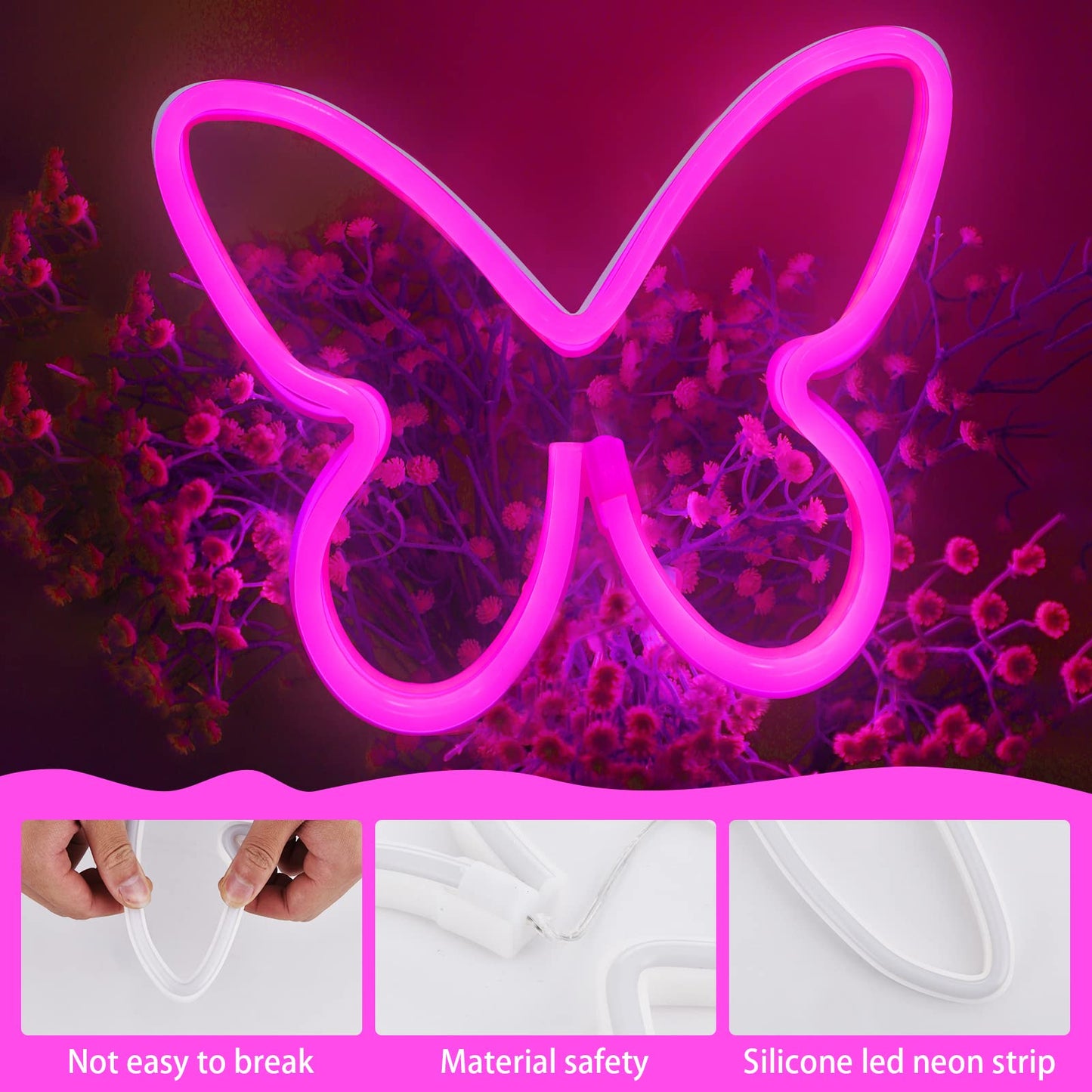 BRIGHTDECK 3 Pcs Butterfly Neon Signs, Neon Light for Bedroom, USB or 3-AA Battery Powered LED Wall Décor for Valentines Day Birthday Gift, Wedding
