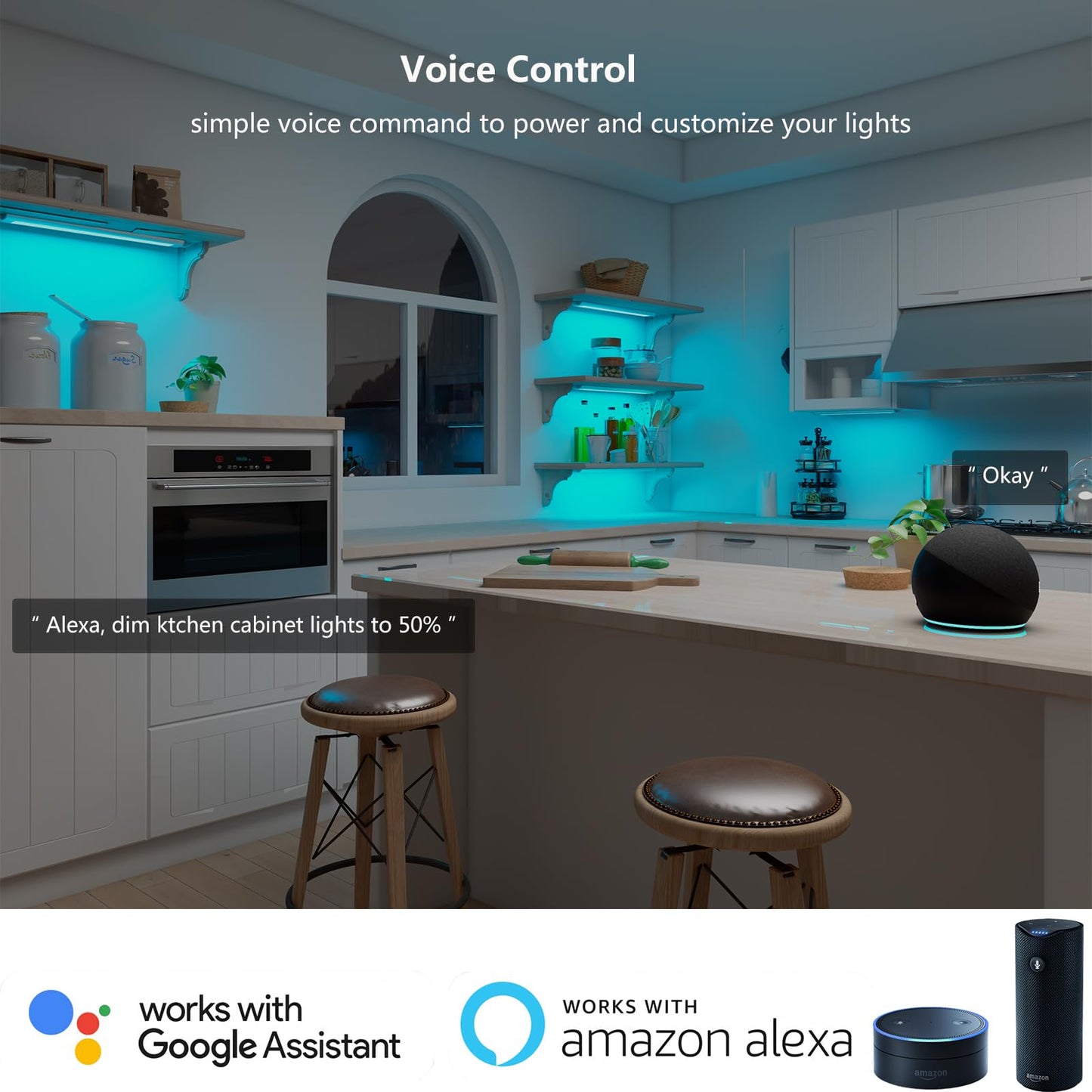 Smart Under Cabinet Lighting Plug In, RGB Multi Colored & White Work with Alexa, Google Assistant, APP, 12Inch Linkable LED Strip Lights Dimmable